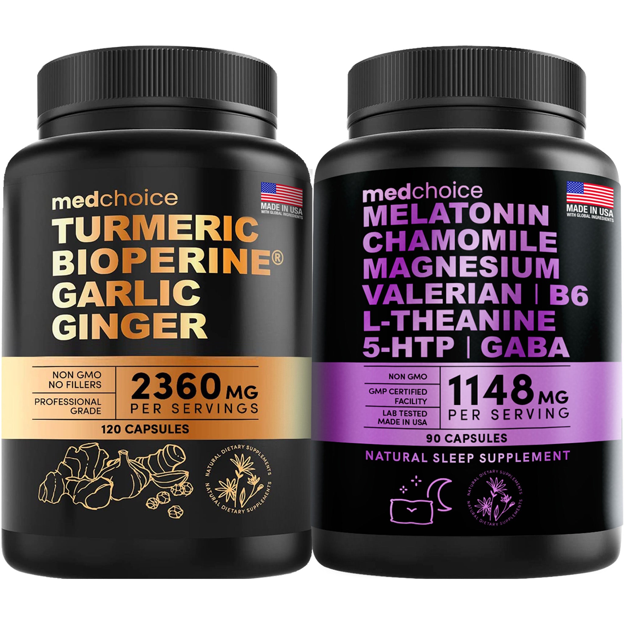 10-in-1 Sleep Melatonin 6mg Capsules (90ct) - Melatonin for Adults with L-Theanine, 5HTP, GABA, Magnesium - 4-in-1 Turmeric Curcumin with Bioperine 2360mg (120ct) - 95% Curcuminoids with Black Pepper - MedChoice