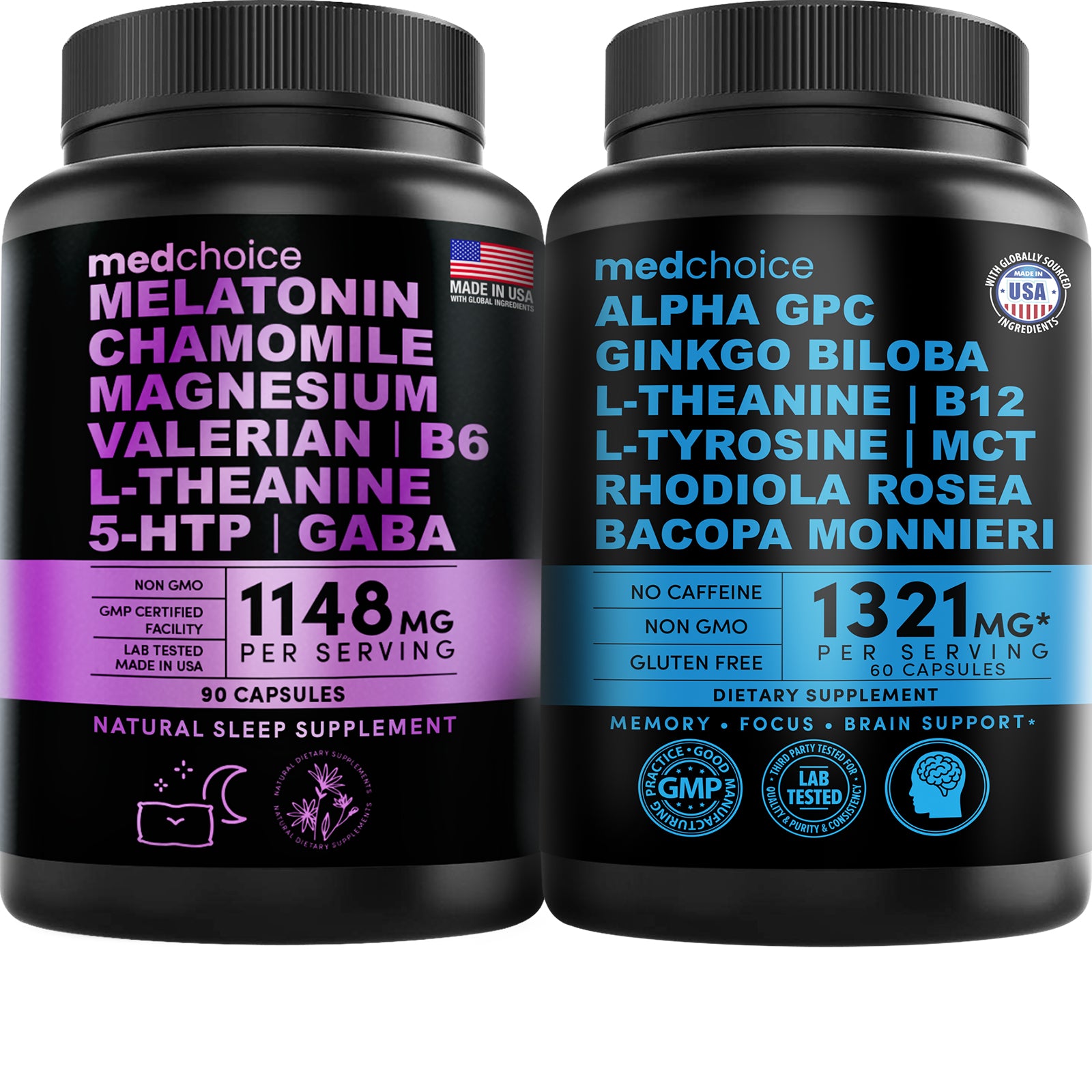 MEDCHOICE Sleep Melatonin (90ct) and Nootropic Brain (60ct) Supplement Bundle - MedChoice