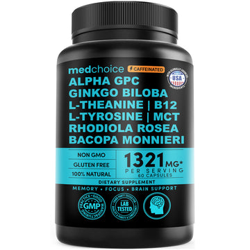 12-in-1 Nootropic Brain Supplement with Caffeine Anhydrous: Ginkgo Biloba for Brain Support, Memory and Focus - B12, Alpha GPC, L Theanine and Choline Supplements with Bioperine with 1321mg - MedChoice
