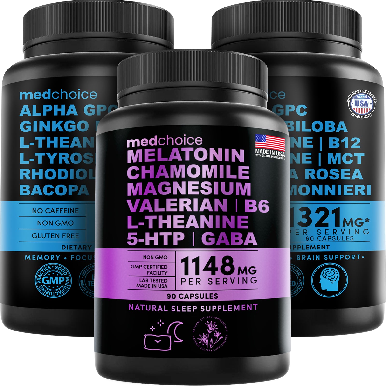 MEDCHOICE Sleep Melatonin (90ct) and Nootropic Brain (120ct) Supplement Bundle - Wellness Duo for Sleep, Brain, Focus, & Mood Support - Vegan, Non-GMO, Gluten-Free - MedChoice