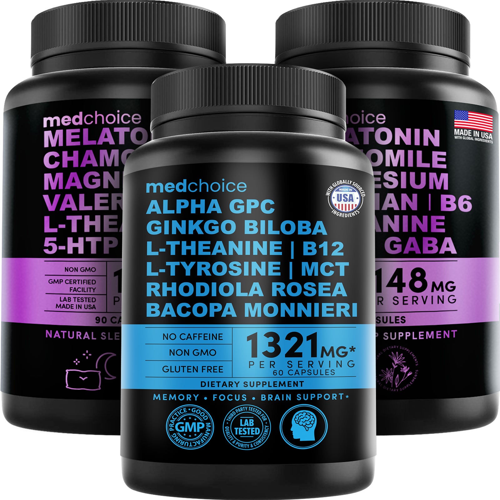 MEDCHOICE Sleep Melatonin (180ct) and Nootropic Brain (60ct) Supplement Bundle - Wellness Duo for Sleep, Brain, Focus, & Mood Support - Vegan, Non-GMO, Gluten-Free - MedChoice