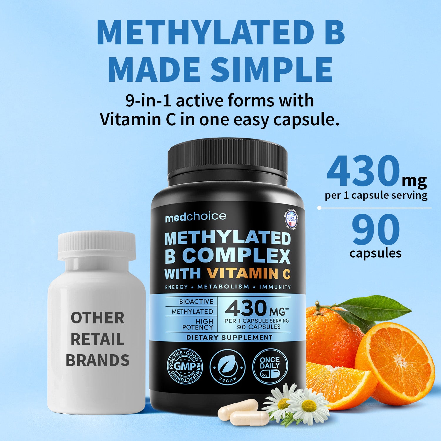 9-in-1 Vitamin B Complex - Methylated Multivitamin with B12 Methylcobalamin, Methylfolate, L-5-MTHF & Vitamin C - Methylated B Complex for Women & Men - Non-GMO, Gluten-Free, & Vegan