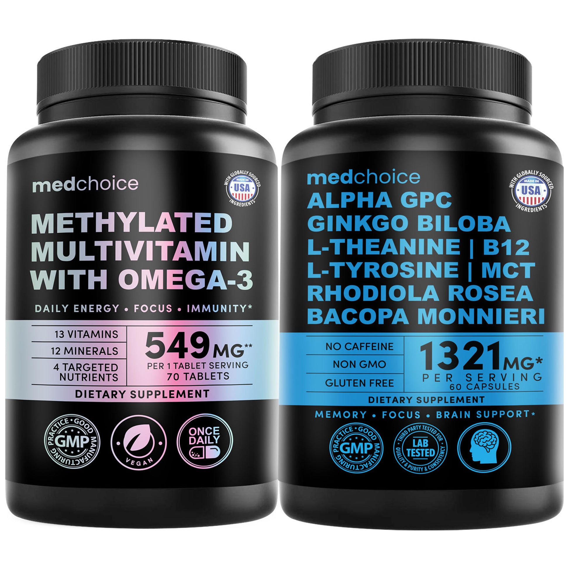 29-in-1 Methylated Multivitamin for Men & Women with Omega 3, Active B12, 5-MTHF Folate (70ct) & 12-in-1 Nootropic Brain Supplement Anhydrous: Ginkgo Biloba for Brain Support, Memory, Focus - MedChoice