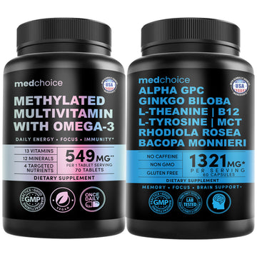 29-in-1 Methylated Multivitamin for Men & Women with Omega 3, Active B12, 5-MTHF Folate (70ct) & 12-in-1 Nootropic Brain Supplement Anhydrous: Ginkgo Biloba for Brain Support, Memory, Focus - MedChoice