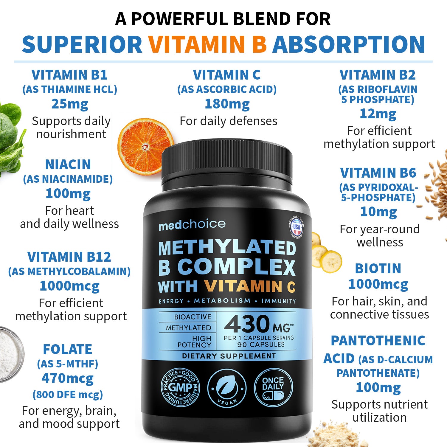 9-in-1 Vitamin B Complex - Methylated Multivitamin with B12 Methylcobalamin, Methylfolate, L-5-MTHF & Vitamin C - Methylated B Complex for Women & Men - Non-GMO, Gluten-Free, & Vegan
