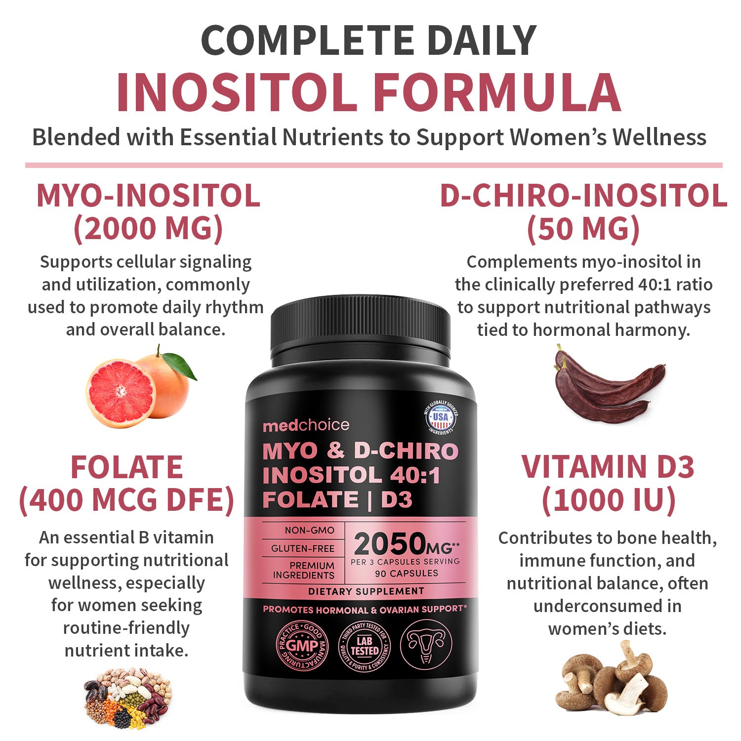 Myo-Inositol 40:1 for Women – Inositol Supplement with Myo & D-Chiro Inositol, Folate & Vitamin D3 – Vegan Capsules for Daily Routine & Hormone Support – Flo Ovarian Support Capsules - MedChoice