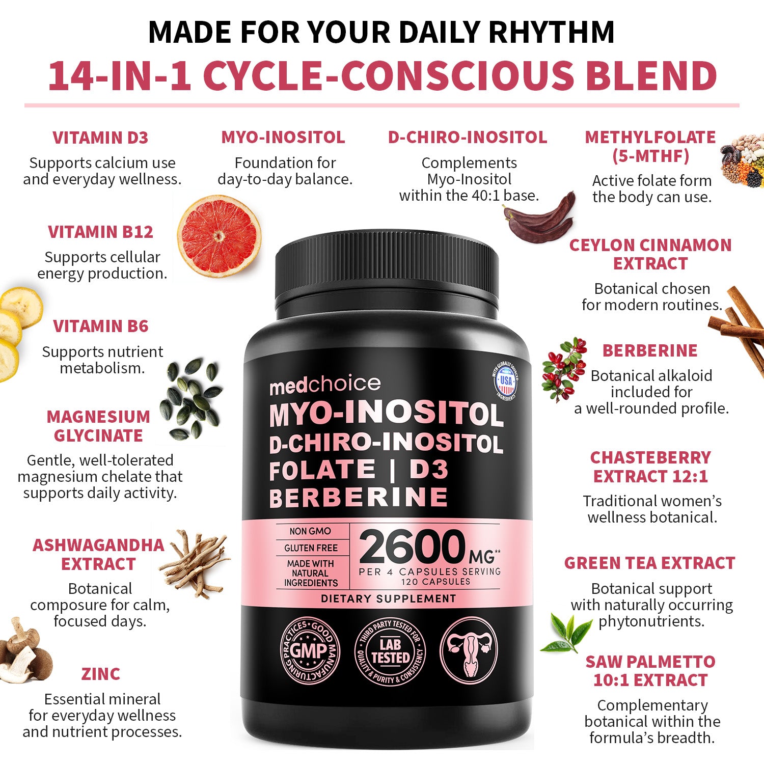14-in-1 Women’s Inositol Complex Supplement – 40:1 Myo & D-Chiro Inositol with Folate, Vitamin D3, Zinc, Magnesium & Botanicals for Hormone & Feminine Wellness Support - MedChoice