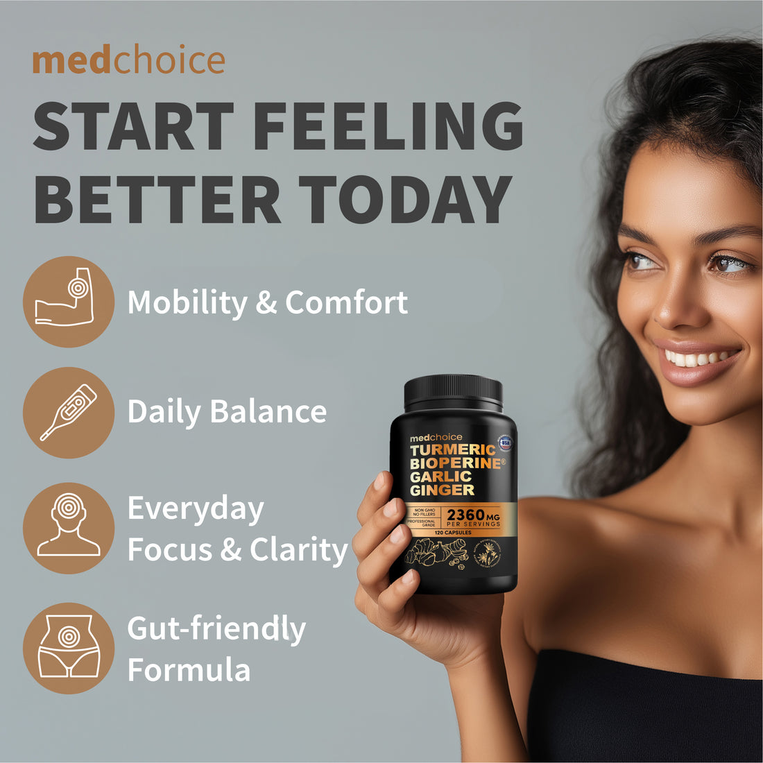 4-in-1 Turmeric and Garlic Supplements with BioPerine – 2360mg Turmeric Ginger Root Capsules with Garlic – High Potency Herbal Blend - MedChoice