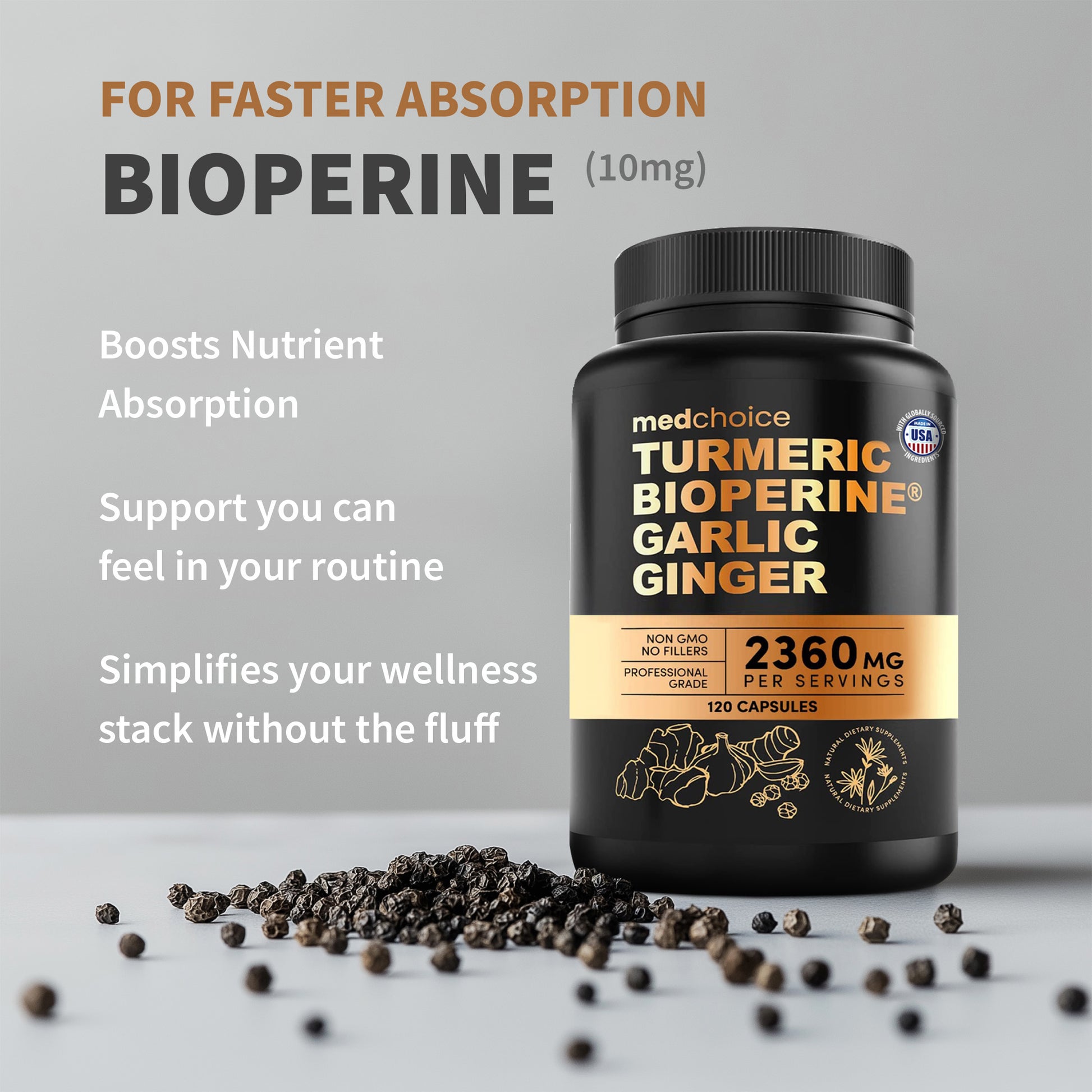 4-in-1 Turmeric and Garlic Supplements with BioPerine – 2360mg Turmeric Ginger Root Capsules with Garlic – High Potency Herbal Blend - MedChoice