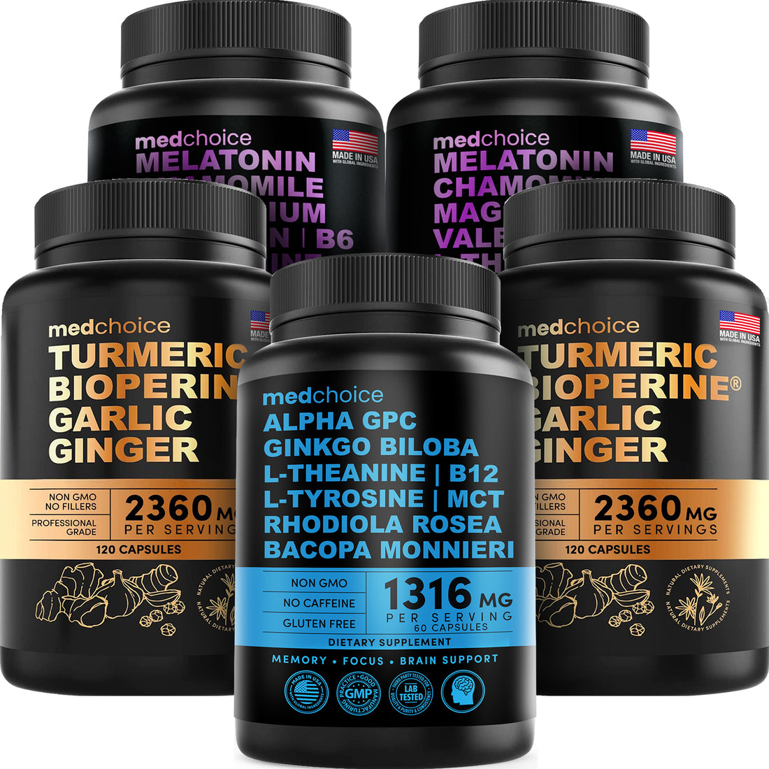 MEDCHOICE Turmeric & Ginger (240ct), Sleep Melatonin (180ct), and Nootropic Brain (60ct) Supplement Bundle - Wellness Trio for Brain, Sleep, & Immune Support - Vegan, Non-GMO, Gluten-Free - MedChoice