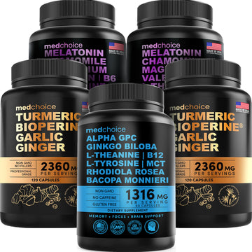 MEDCHOICE Turmeric & Ginger (240ct), Sleep Melatonin (180ct), and Nootropic Brain (60ct) Supplement Bundle - Wellness Trio for Brain, Sleep, & Immune Support - Vegan, Non-GMO, Gluten-Free - MedChoice