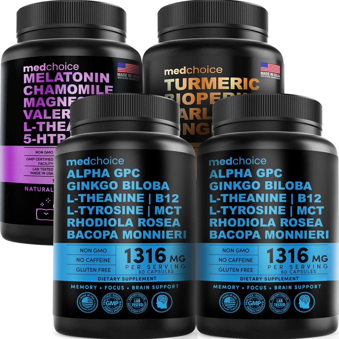 MEDCHOICE Sleep Melatonin (90ct), Turmeric & Ginger (120ct), and Nootropic Brain (120ct) Supplement Bundle - Wellness Trio for Brain, Sleep, & Immune Support - Vegan, Non-GMO, Gluten-Free - MedChoice