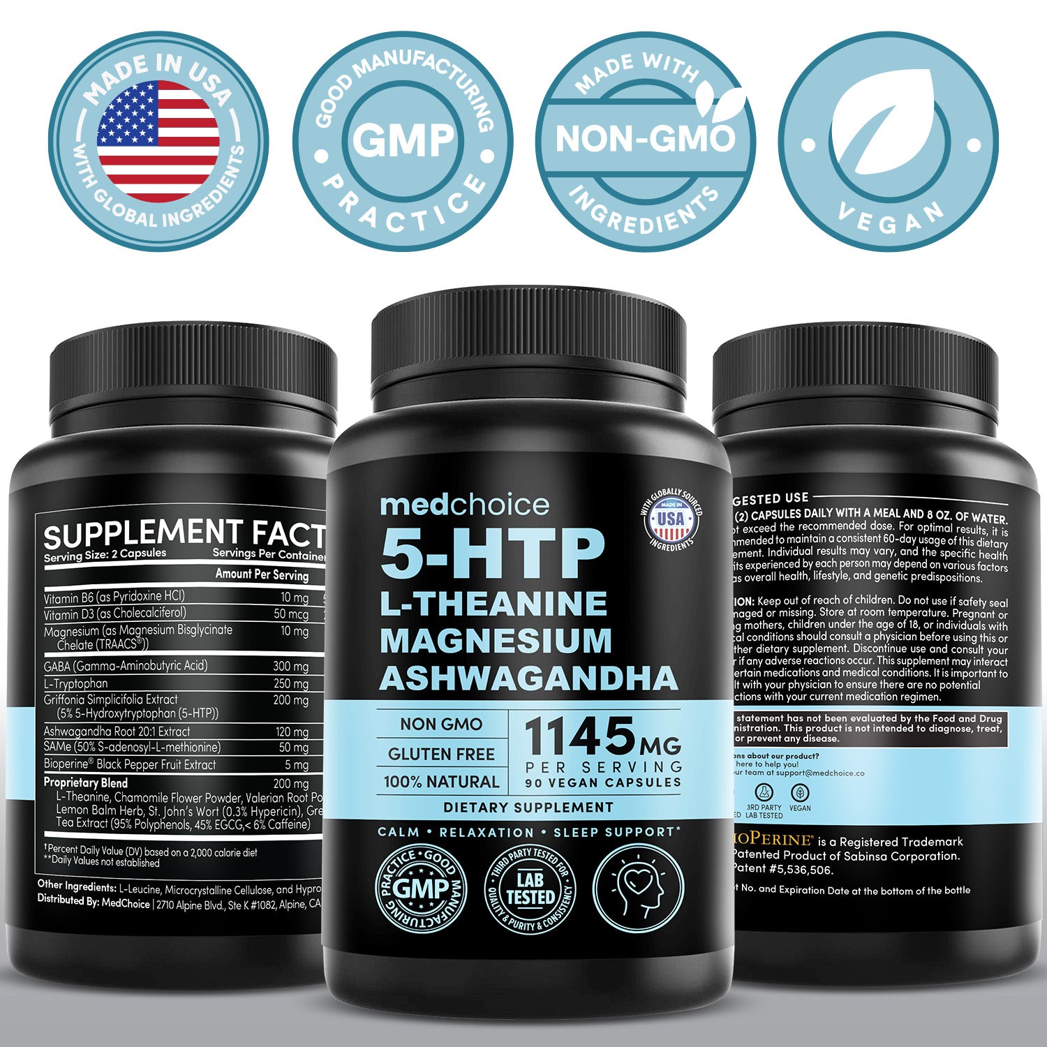 15-in-1 Mood Support Supplement - 5HTP 200mg Capsules with L-Theanine, Magnesium, Ashwagandha, GABA Supplements, 5 HTP Supplements with St. John's Wort and L-Tryptophan - MedChoice