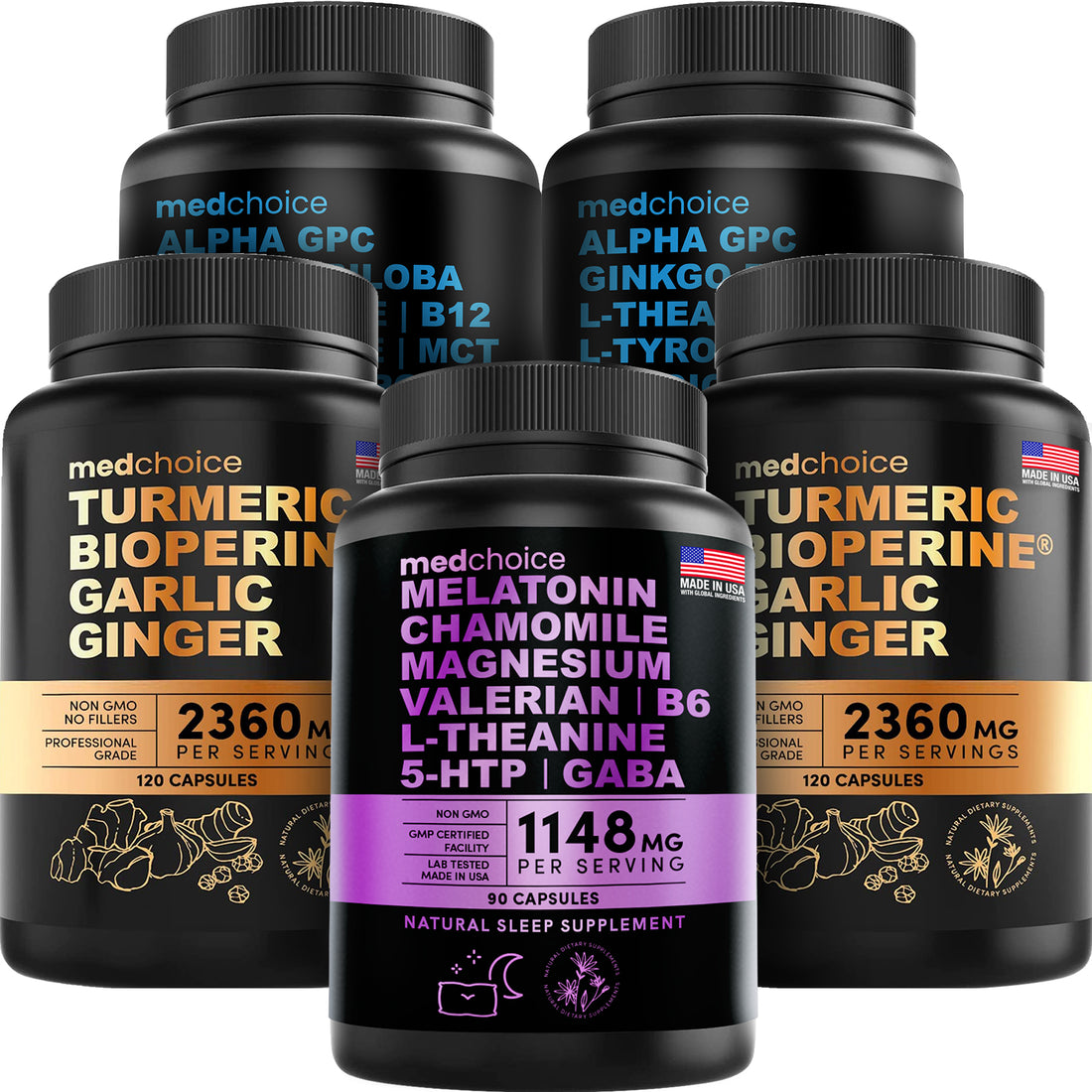 MEDCHOICE Sleep Melatonin (90ct), Turmeric & Ginger (240ct), and Nootropic Brain (120ct) Supplement Bundle - Wellness Trio for Brain, Sleep, & Immune Support - Vegan, Non-GMO, Gluten-Free - MedChoice