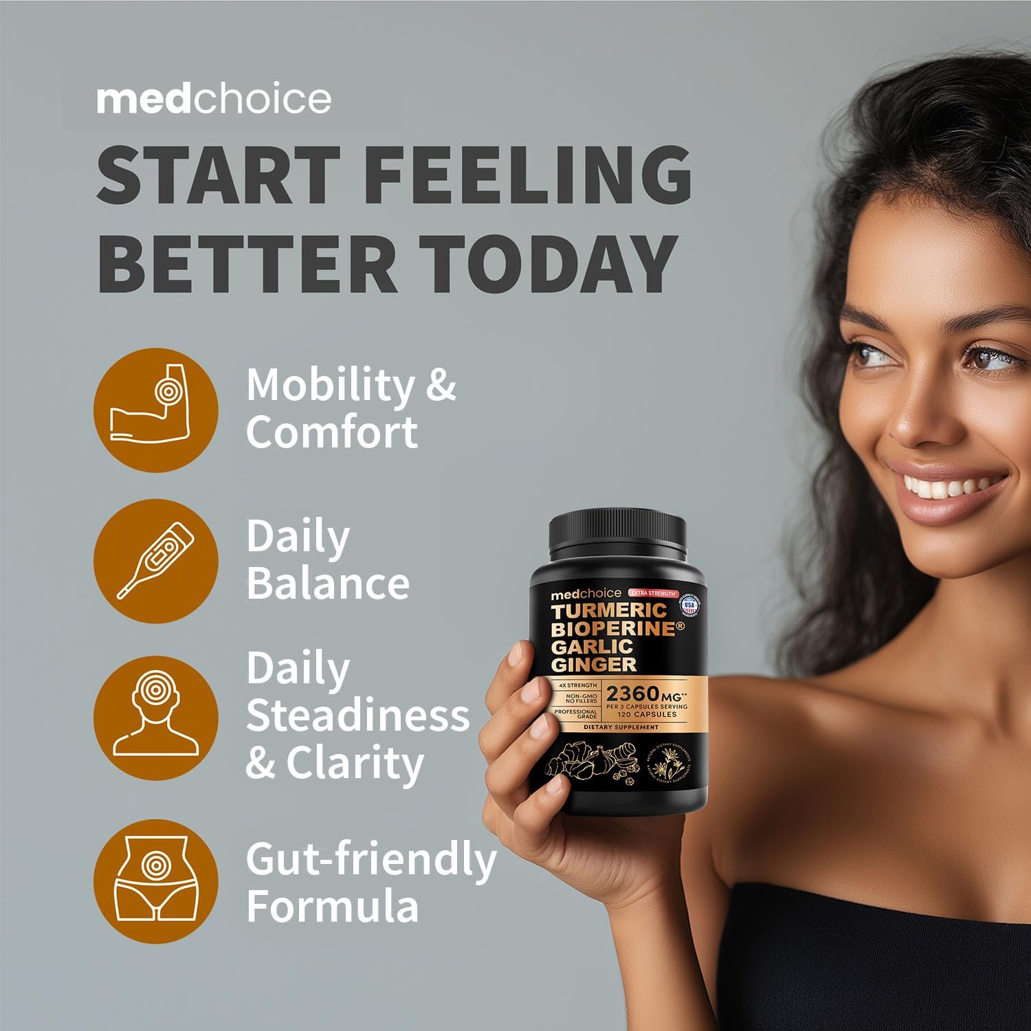 Extra Strength Turmeric Capsules - High-Absorption 2360 mg Curcumin Supplements, Non-GMO Blend for Digestive Comfort & Daily Support - Organic Turmeric Supplement with Black Pepper (120ct, Pack of 1) - MedChoice