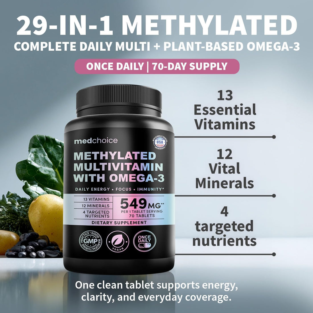 29-in-1 Methylated Multivitamin for Men & Women with Omega 3, Active B12, 5-MTHF Folate (70ct) & 12-in-1 Nootropic Brain Supplement Anhydrous: Ginkgo Biloba for Brain Support, Memory, Focus