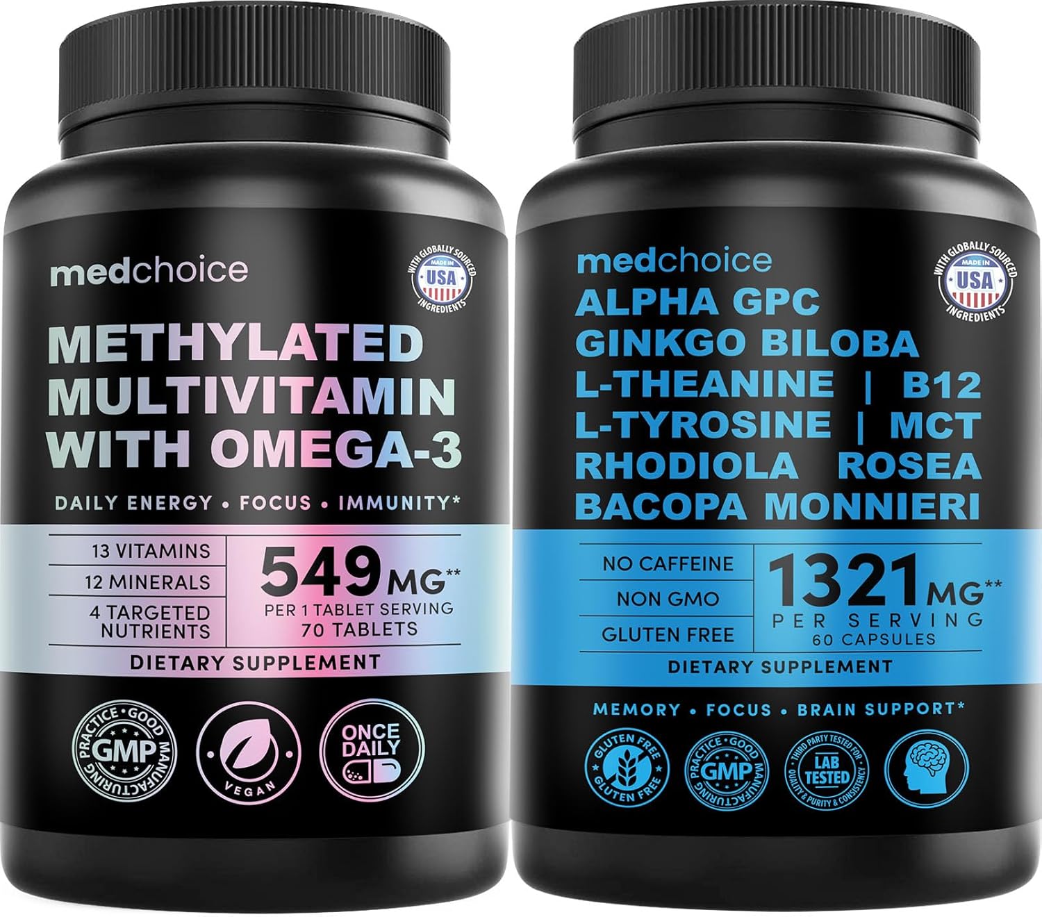 29-in-1 Methylated Multivitamin for Men & Women with Omega 3, Active B12, 5-MTHF Folate (70ct) & 12-in-1 Nootropic Brain Supplement Anhydrous: Ginkgo Biloba for Brain Support, Memory, Focus