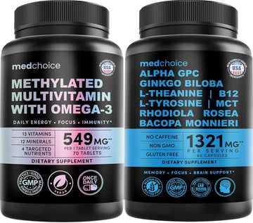 29-in-1 Methylated Multivitamin for Men & Women with Omega 3, Active B12, 5-MTHF Folate (70ct) & 12-in-1 Nootropic Brain Supplement Anhydrous: Ginkgo Biloba for Brain Support, Memory, Focus
