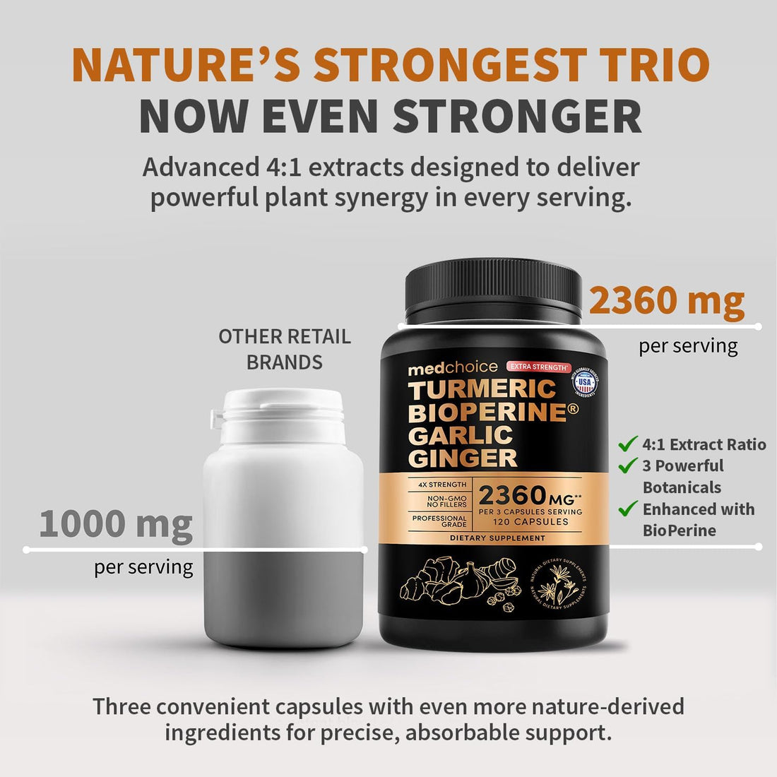 Extra Strength Turmeric Capsules - High-Absorption 2360 mg Curcumin Supplements, Non-GMO Blend for Digestive Comfort & Daily Support - Organic Turmeric Supplement with Black Pepper (120ct, Pack of 1) - MedChoice