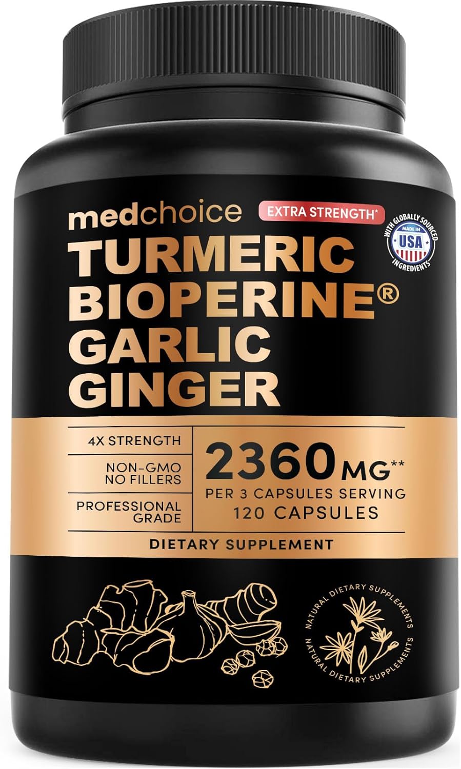 Extra Strength Turmeric Capsules - High-Absorption 2360 mg Curcumin Supplements, Non-GMO Blend for Digestive Comfort & Daily Support - Organic Turmeric Supplement with Black Pepper (120ct, Pack of 1) - MedChoice