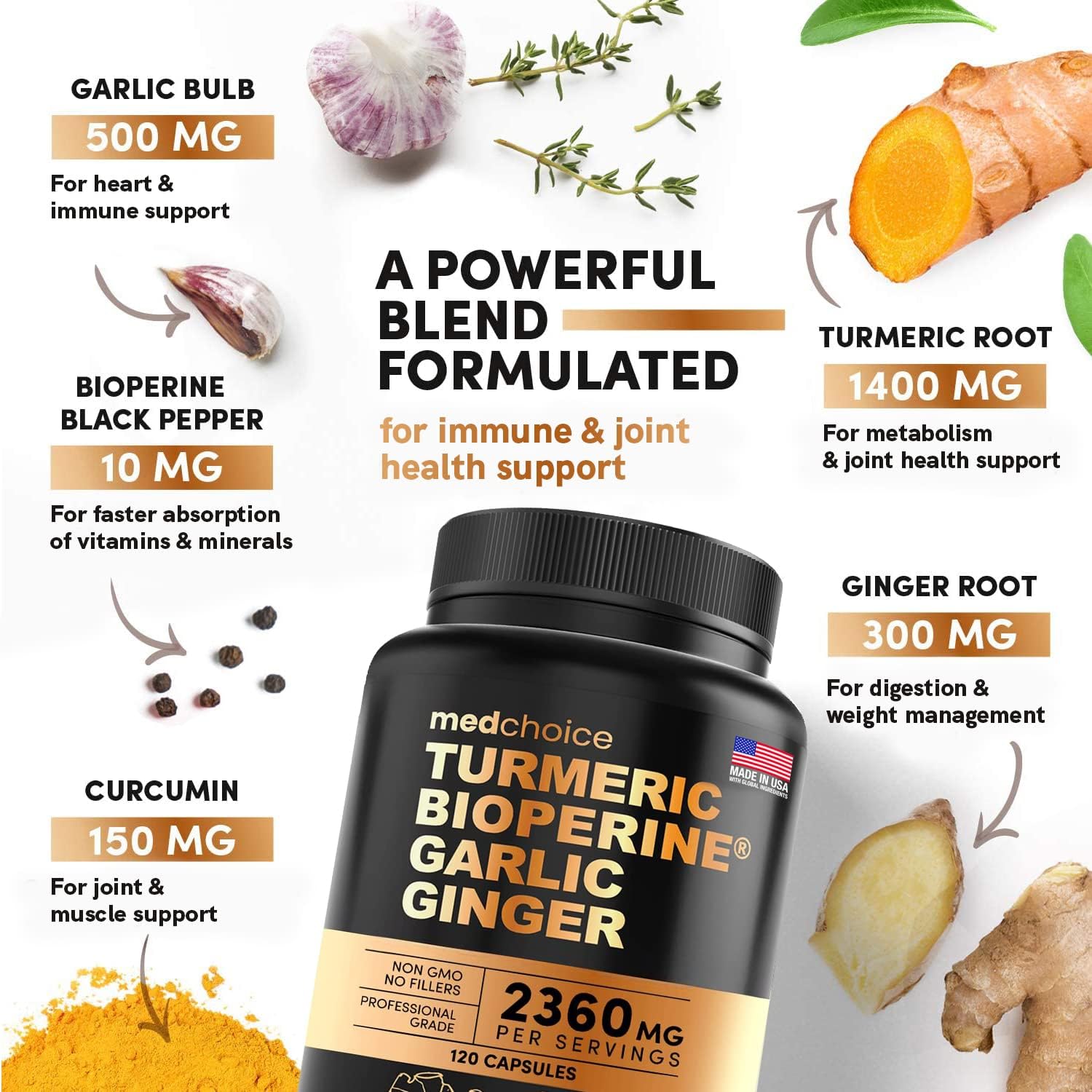 4-in-1 Turmeric Curcumin w Bioperine 2360mg (120 ct) Pack of 3 and 10-in-1 Melatonin 6mg Sleep Support (90 ct) Pack of 1, Sleep Supplements for Adults & Curcumin Supplements for Joint and Digestion - MedChoice