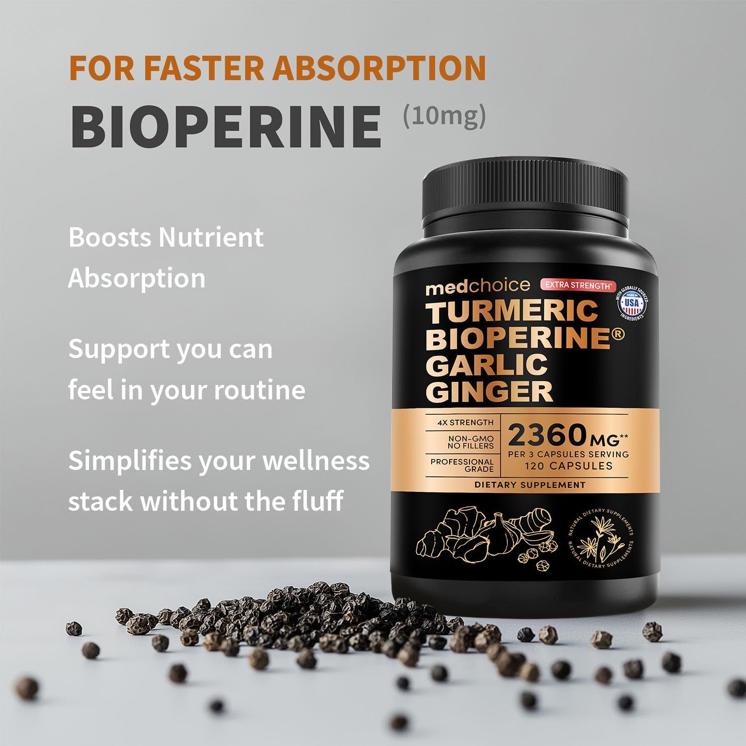 Extra Strength Turmeric Capsules - High-Absorption 2360 mg Curcumin Supplements, Non-GMO Blend for Digestive Comfort & Daily Support - Organic Turmeric Supplement with Black Pepper (120ct, Pack of 1) - MedChoice