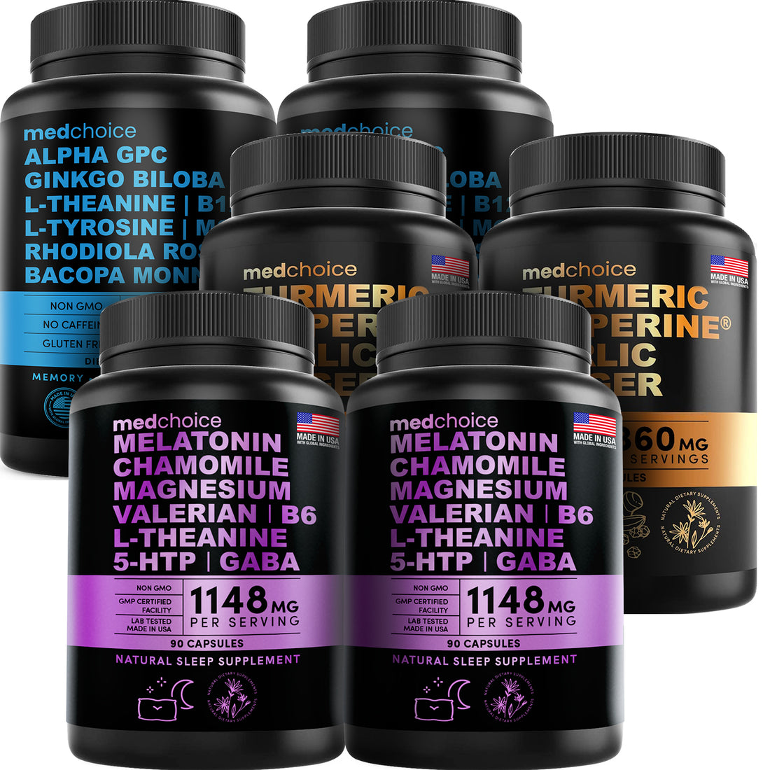 MEDCHOICE Sleep Melatonin (180ct), Turmeric & Ginger (240ct), and Nootropic Brain (120ct) Supplement Bundle - Wellness Trio for Brain, Sleep, & Immune Support - Vegan, Non-GMO, Gluten-Free - MedChoice