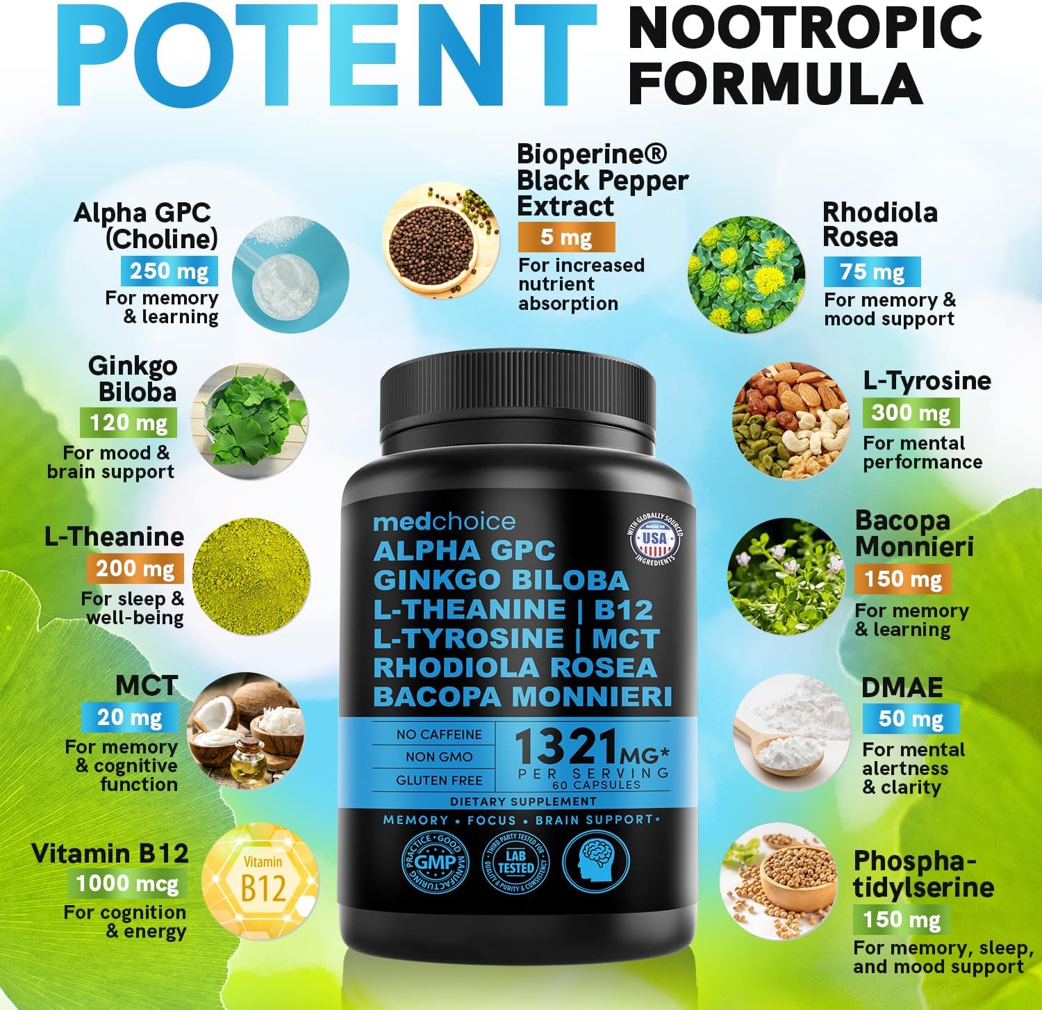 29-in-1 Methylated Multivitamin for Men & Women with Omega 3, Active B12, 5-MTHF Folate (70ct) & 12-in-1 Nootropic Brain Supplement Anhydrous: Ginkgo Biloba for Brain Support, Memory, Focus