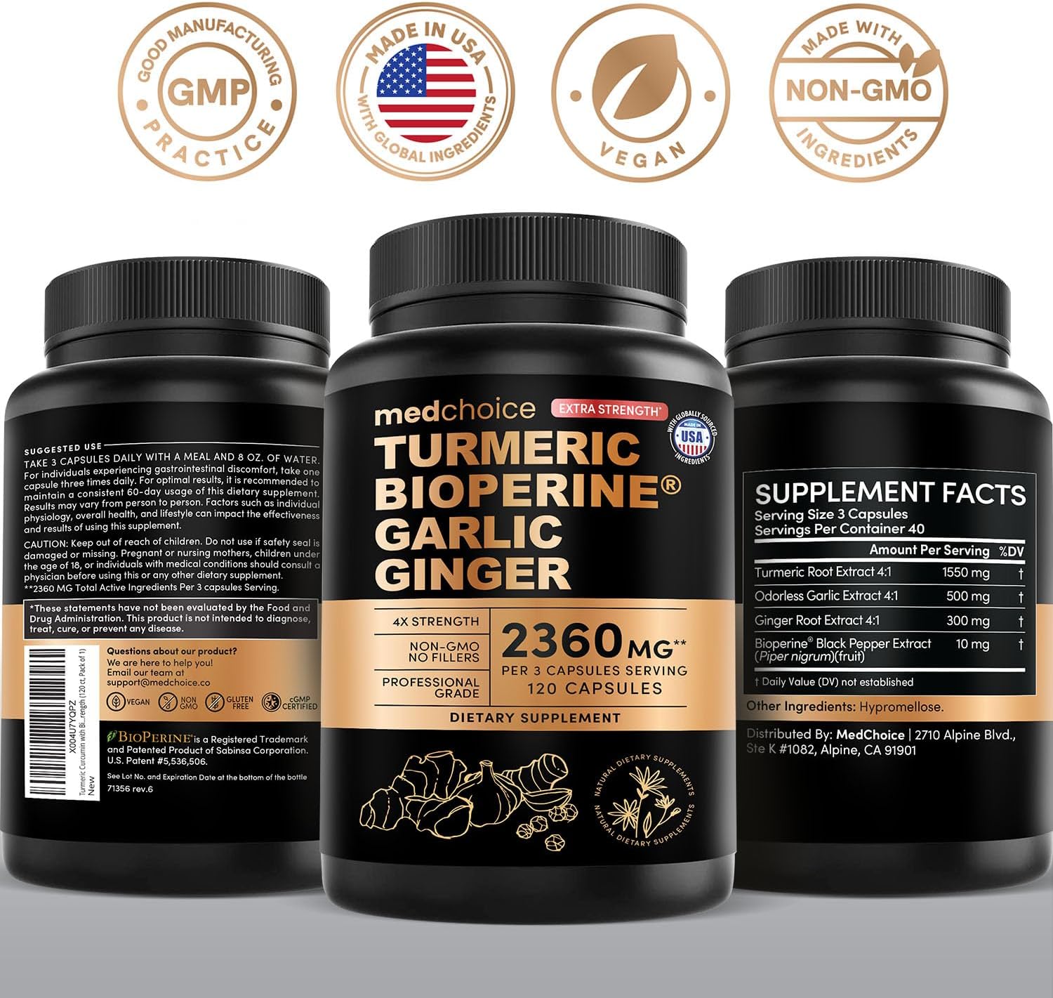 Extra Strength Turmeric Capsules - High-Absorption 2360 mg Curcumin Supplements, Non-GMO Blend for Digestive Comfort & Daily Support - Organic Turmeric Supplement with Black Pepper (120ct, Pack of 1) - MedChoice