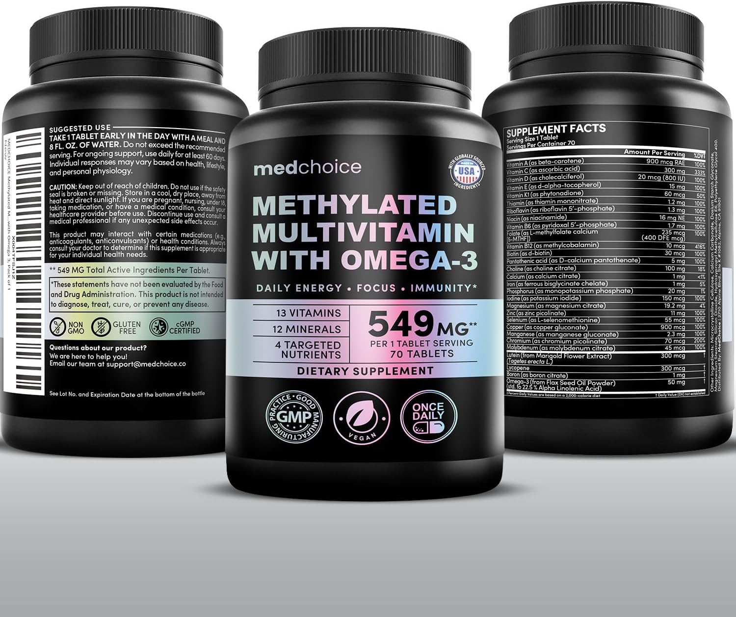 29-in-1 Methylated Multivitamin for Men & Women with Omega-3, Once Daily, 13 Vitamins, 12 Minerals, 4 Targeted Nutrients, Active B12, 5-MTHF Folate, P5P B6, Vegan, 70 Servings