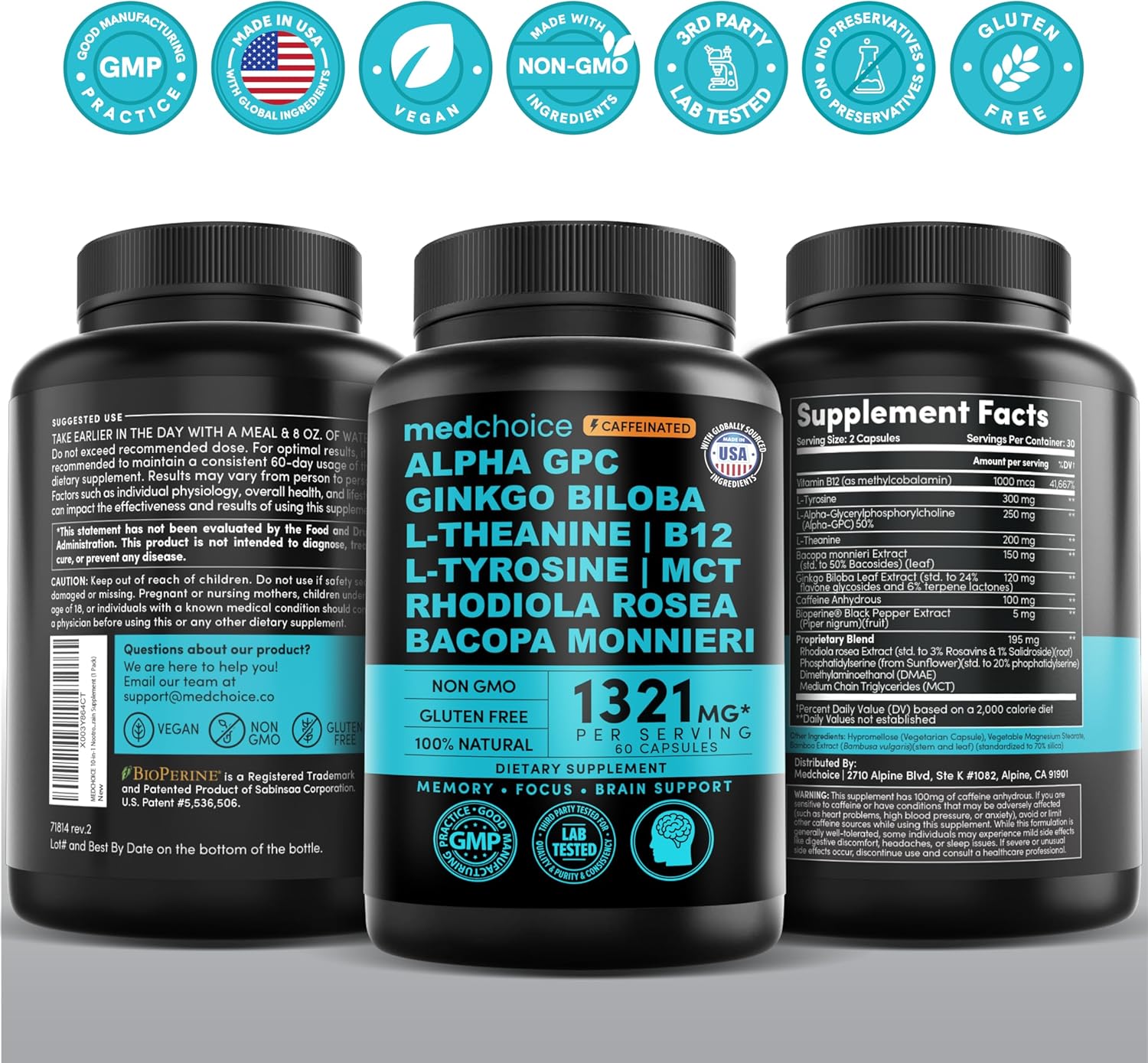 12-in-1 Nootropic Brain Supplement with Caffeine Anhydrous: Ginkgo Biloba for Brain Support, Memory and Focus - B12, Alpha GPC, L Theanine and Choline Supplements with Bioperine with 1321mg - MedChoice