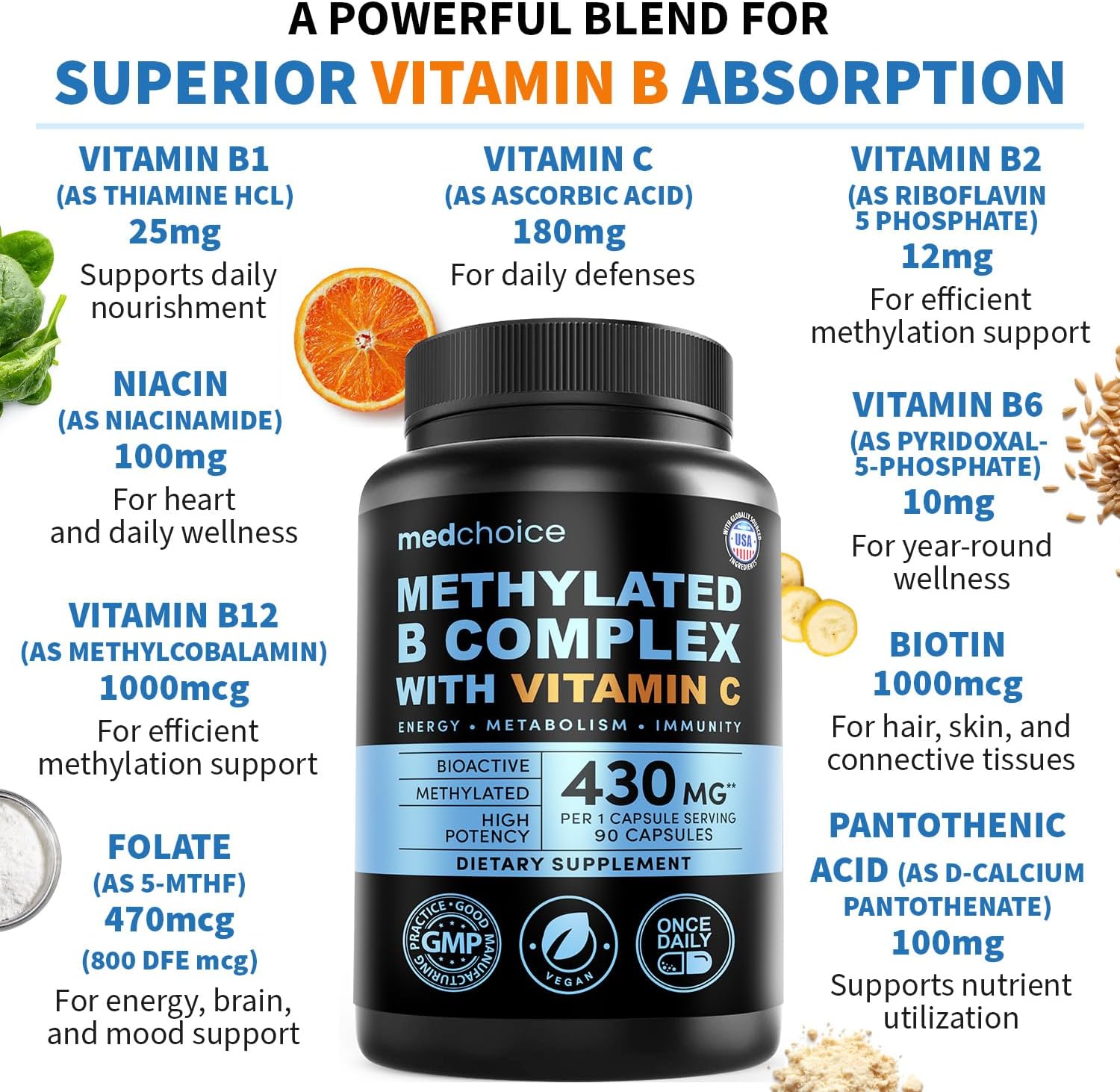MEDCHOICE Methyl B Complex Capsules and Melatonin 90 Count - High Potency B Vitamin Supplement and Nightly Sleep Support for Daily Wellness and Restful Evenings