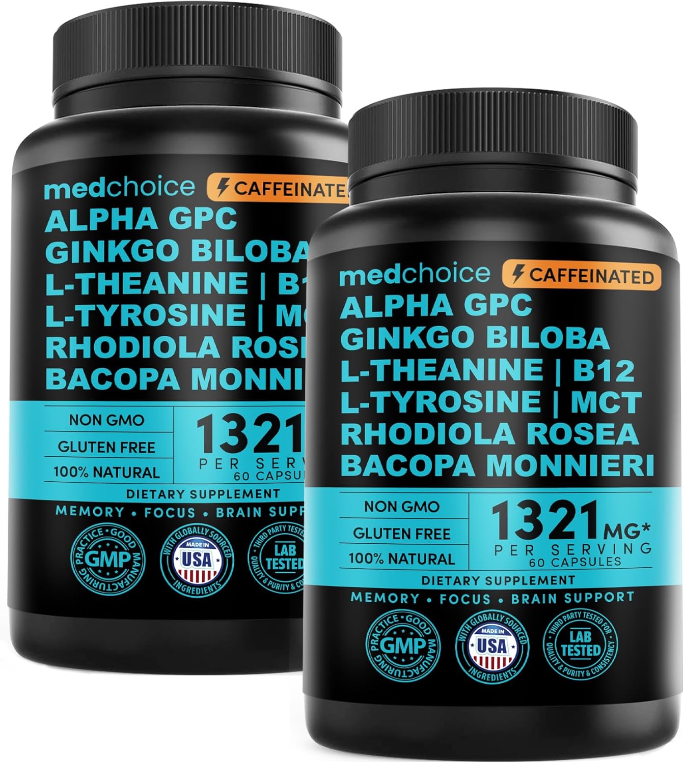12-in-1 Nootropic Brain Supplement with Caffeine Anhydrous: Ginkgo Biloba for Brain Support, Memory and Focus - B12, Alpha GPC, L Theanine and Choline Supplements with Bioperine with 1321mg - MedChoice