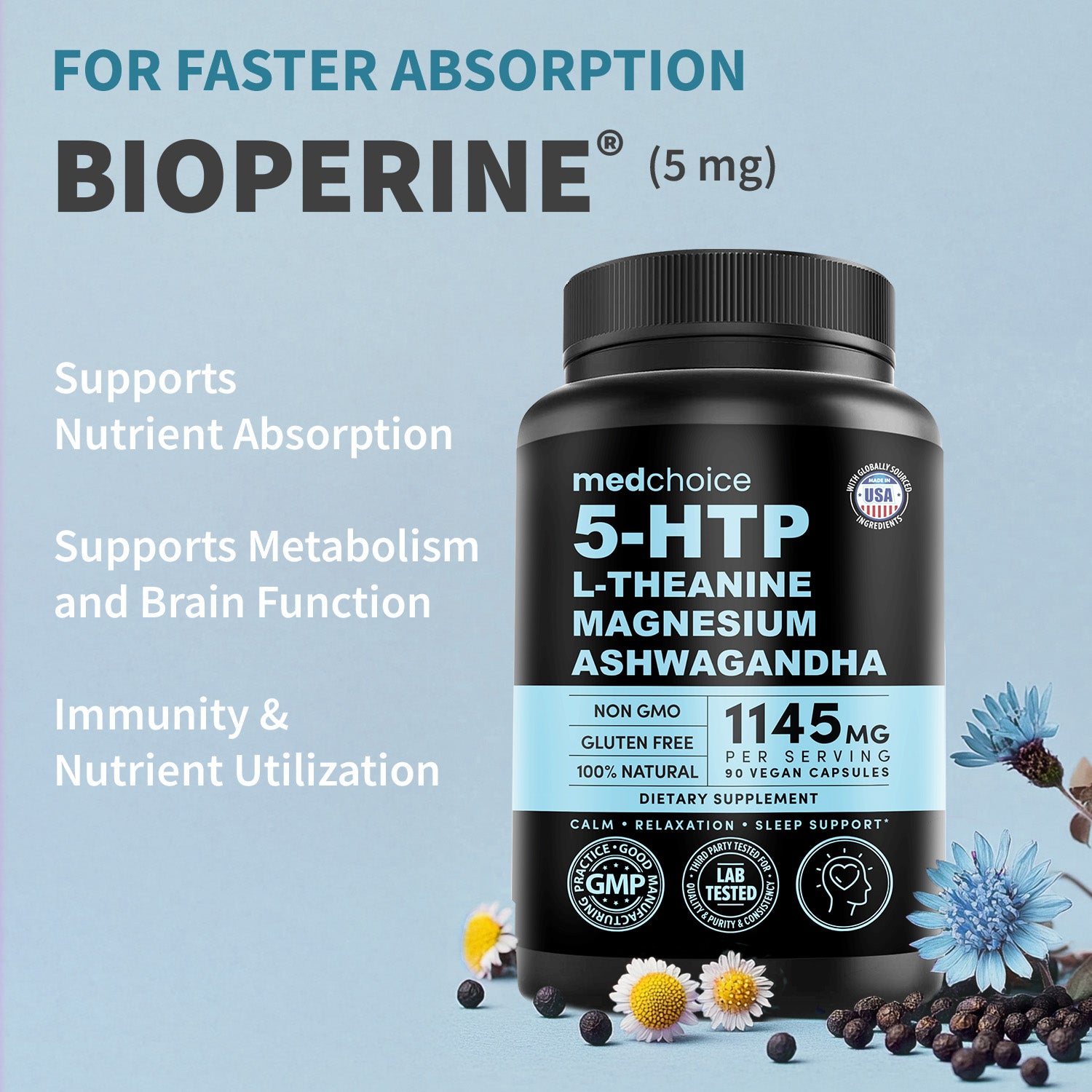 15-in-1 Mood Support Supplement - 5HTP 200mg Capsules with L-Theanine, Magnesium, Ashwagandha, GABA Supplements, 5 HTP Supplements with St. John's Wort and L-Tryptophan - MedChoice