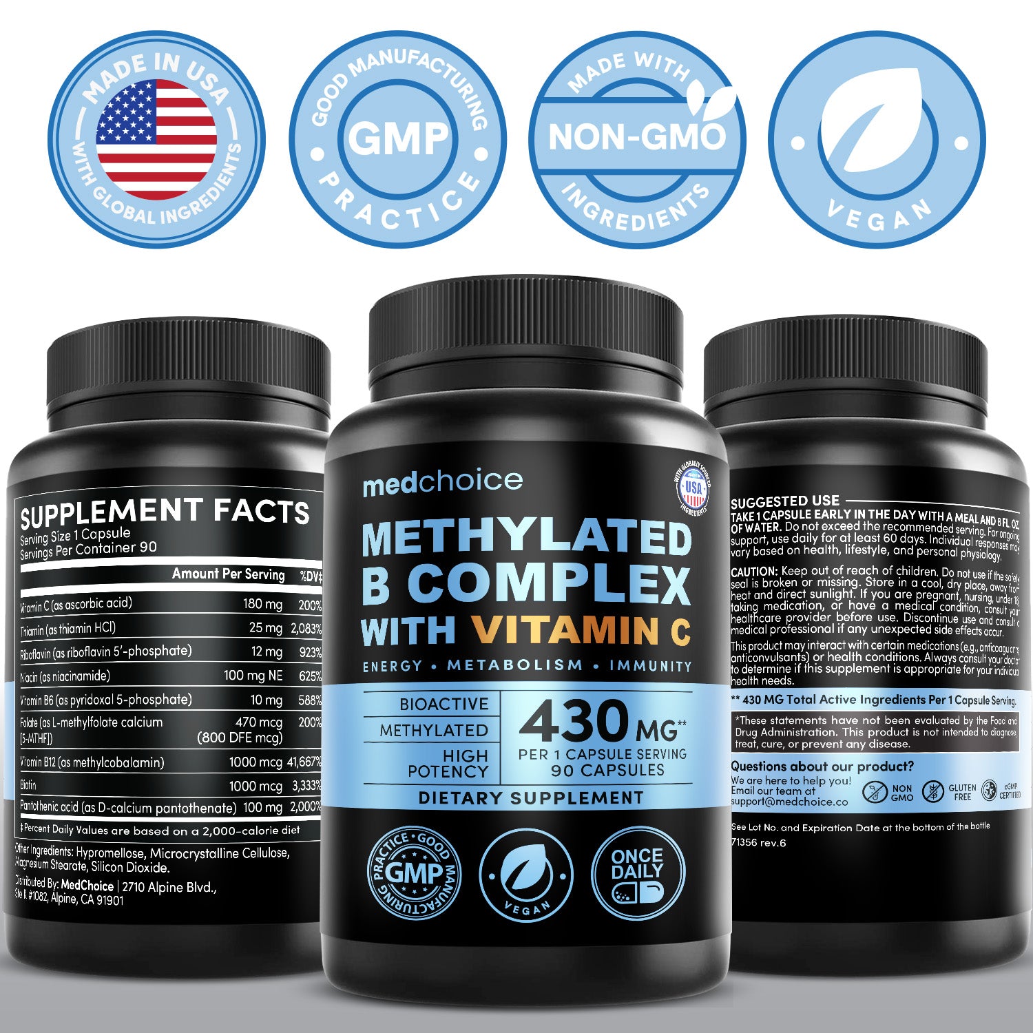9-in-1 Vitamin B Complex - Methylated Multivitamin with B12 Methylcobalamin, Methylfolate, L-5-MTHF & Vitamin C - Methylated B Complex for Women & Men - Non-GMO, Gluten-Free, & Vegan