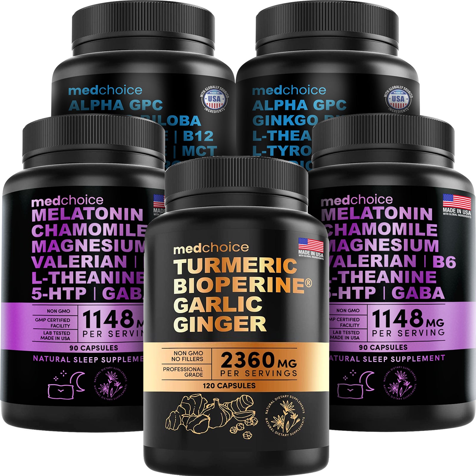 MEDCHOICE Turmeric & Ginger (120ct), Sleep Melatonin (180ct), and Nootropic Brain (120ct) Supplement Bundle - Wellness Trio for Brain, Sleep, & Immune Support - Vegan, Non-GMO, Gluten-Free - MedChoice