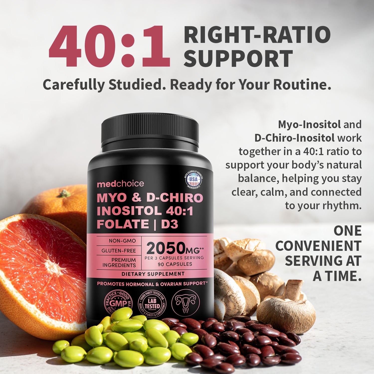 Myo-Inositol 40:1 for Women – Inositol Supplement with Myo & D-Chiro Inositol, Folate & Vitamin D3 – Vegan Capsules for Daily Routine & Hormone Support – Flo Ovarian Support Capsules - MedChoice