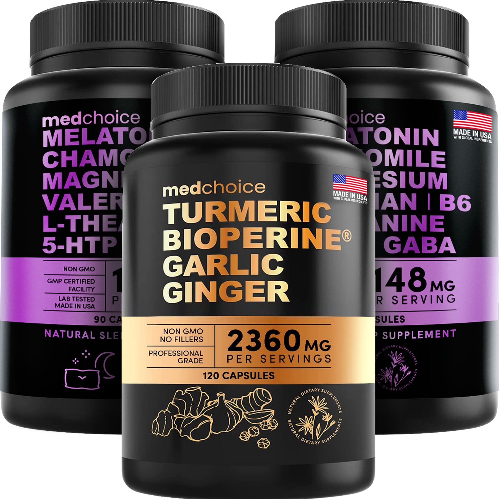 MEDCHOICE Turmeric & Ginger (120ct) and Sleep Melatonin (180ct) Supplement Bundle - MedChoice
