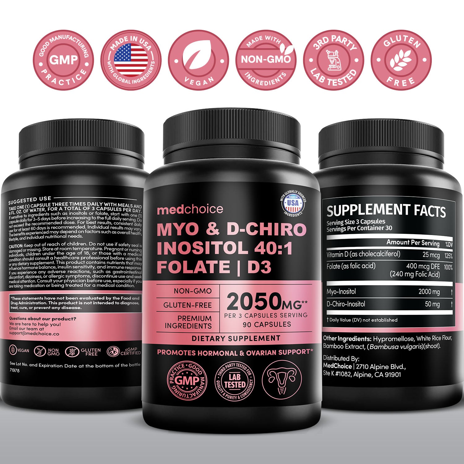 Myo-Inositol 40:1 for Women – Inositol Supplement with Myo & D-Chiro Inositol, Folate & Vitamin D3 – Vegan Capsules for Daily Routine & Hormone Support – Flo Ovarian Support Capsules - MedChoice