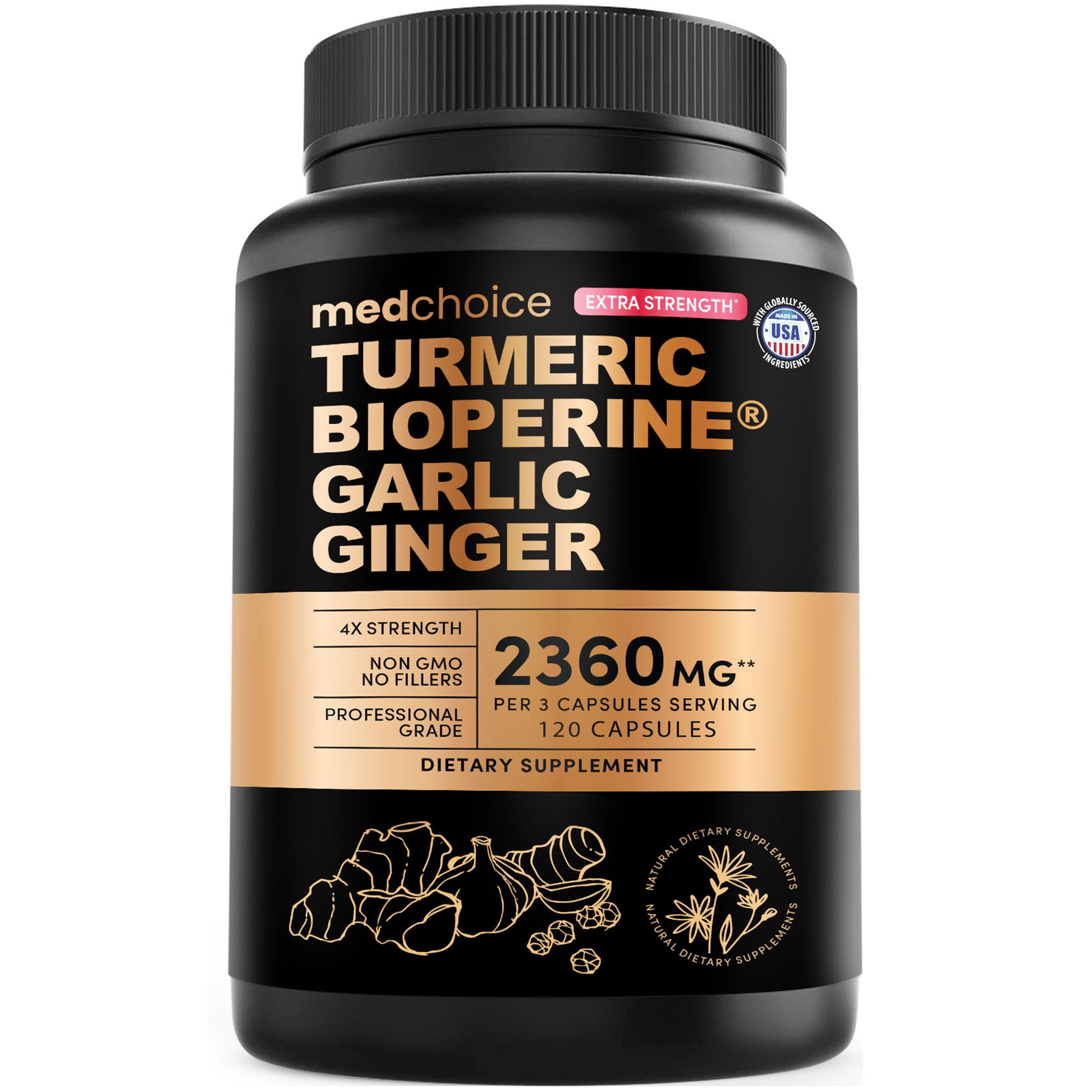 Extra Strength Turmeric Capsules - High-Absorption 2360 mg Curcumin Supplements, Non-GMO Blend for Digestive Comfort & Daily Support - Organic Turmeric Supplement with Black Pepper (120ct, Pack of 1) - MedChoice