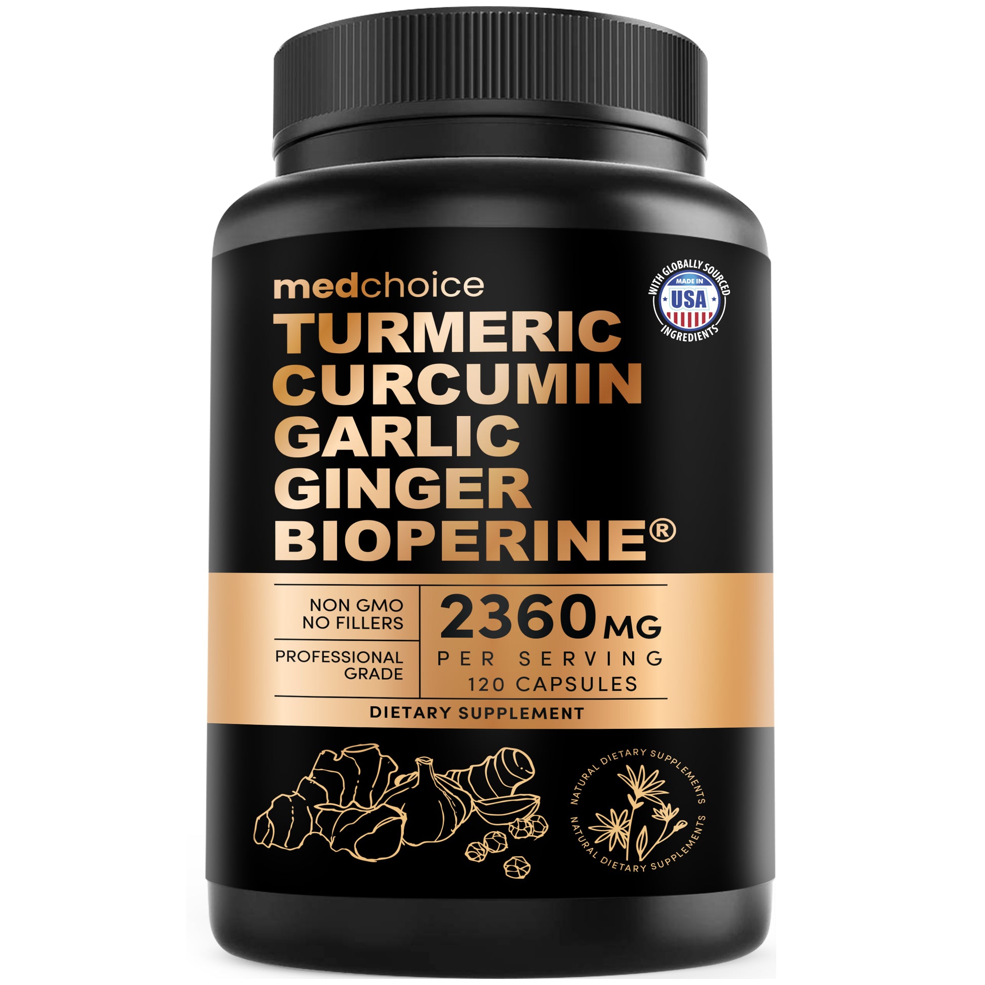 4-in-1 Turmeric and Garlic Supplements with BioPerine – 2360mg Turmeric Ginger Root Capsules with Garlic – High Potency Herbal Blend - MedChoice