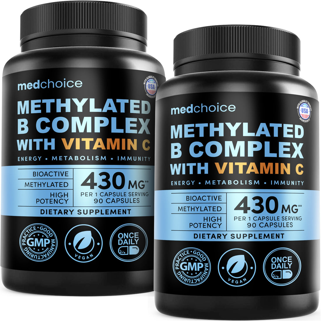9-in-1 Vitamin B Complex - Methylated Multivitamin with B12 Methylcobalamin, Methylfolate, L-5-MTHF & Vitamin C - Methylated B Complex for Women & Men - Non-GMO, Gluten-Free, & Vegan