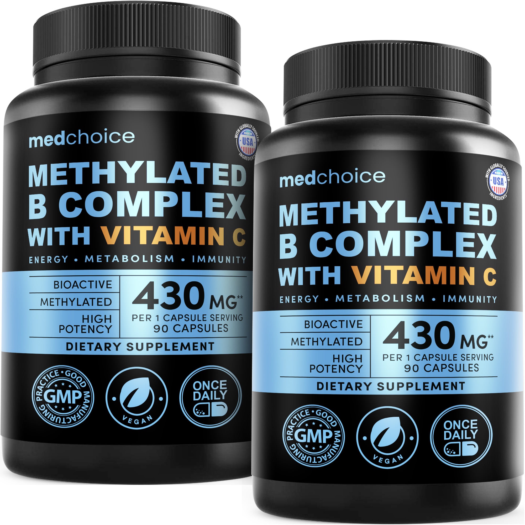 9-in-1 Vitamin B Complex - Methylated Multivitamin with B12 Methylcobalamin, Methylfolate, L-5-MTHF & Vitamin C - Methylated B Complex for Women & Men - Non-GMO, Gluten-Free, & Vegan