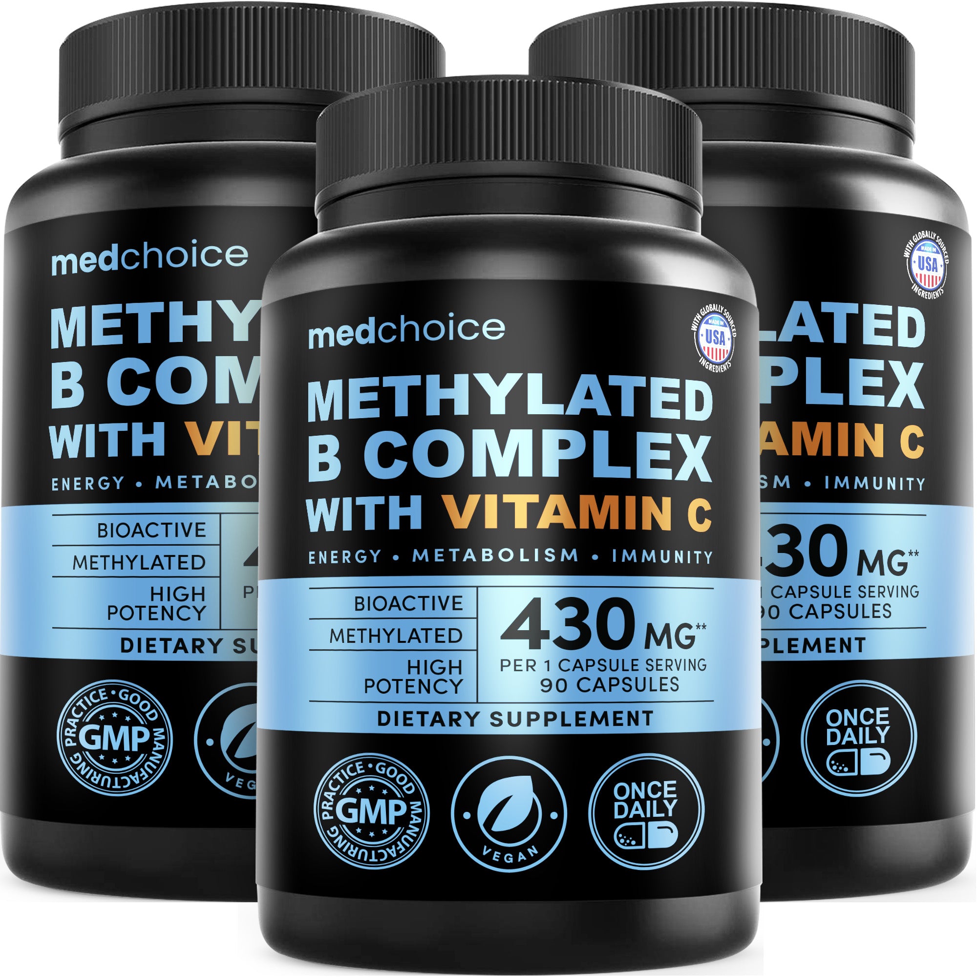 9-in-1 Vitamin B Complex - Methylated Multivitamin with B12 Methylcobalamin, Methylfolate, L-5-MTHF & Vitamin C - Methylated B Complex for Women & Men - Non-GMO, Gluten-Free, & Vegan