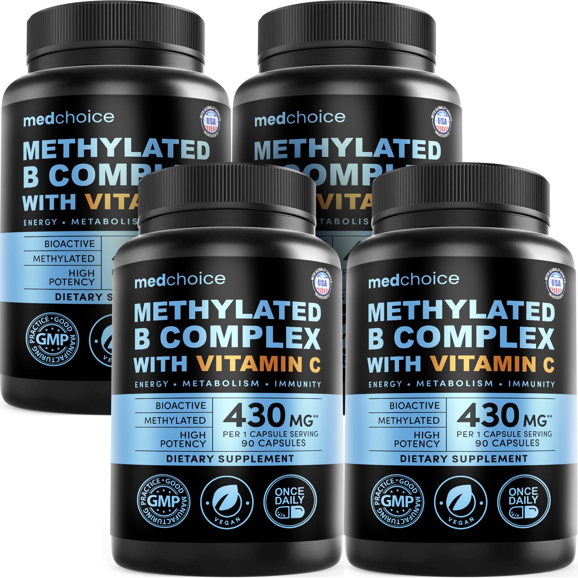 9-in-1 Vitamin B Complex - Methylated Multivitamin with B12 Methylcobalamin, Methylfolate, L-5-MTHF & Vitamin C - Methylated B Complex for Women & Men - Non-GMO, Gluten-Free, & Vegan