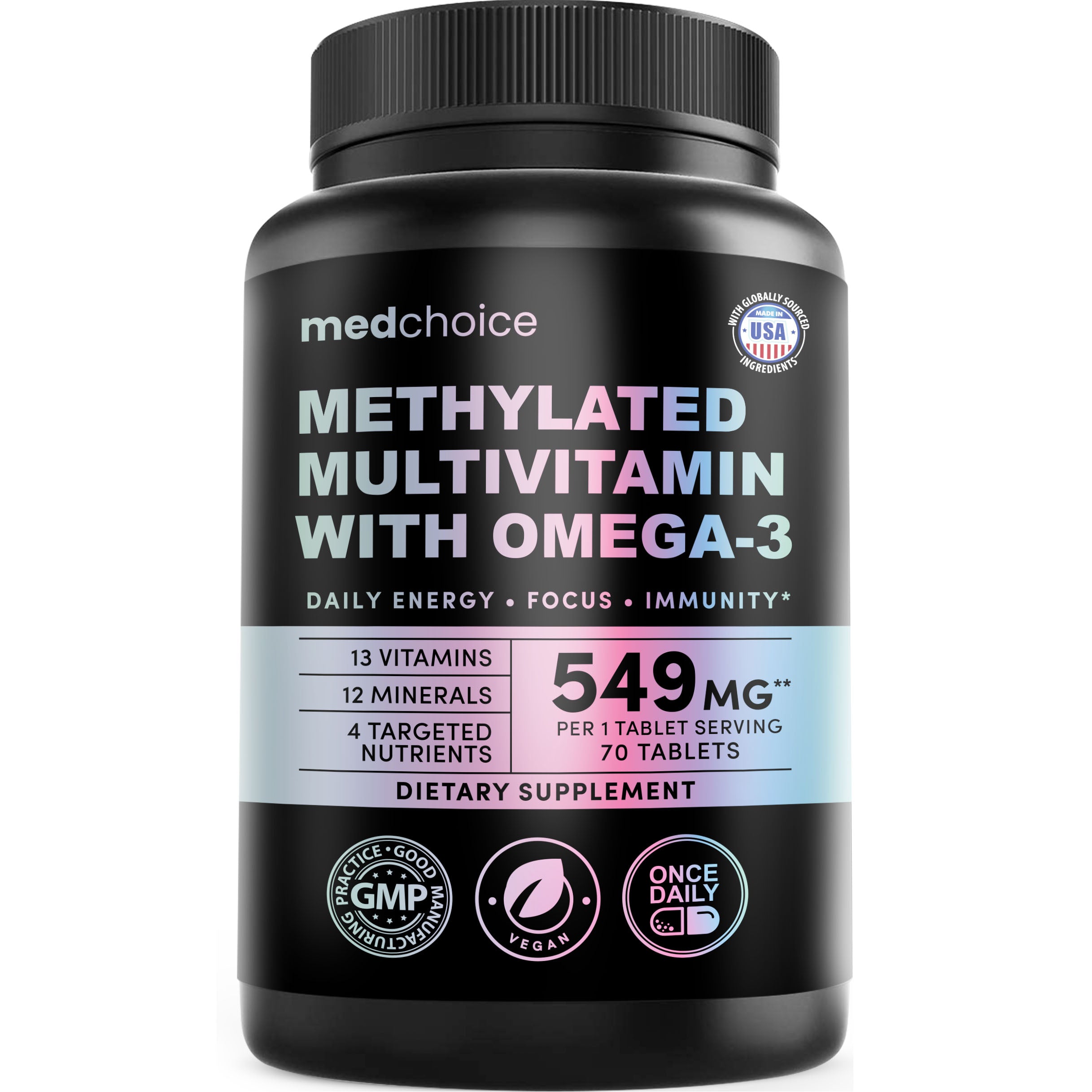 29-in-1 Methylated Multivitamin for Men & Women with Omega-3, Once Daily, 13 Vitamins, 12 Minerals, 4 Targeted Nutrients, Active B12, 5-MTHF Folate, P5P B6, Vegan, 70 Servings