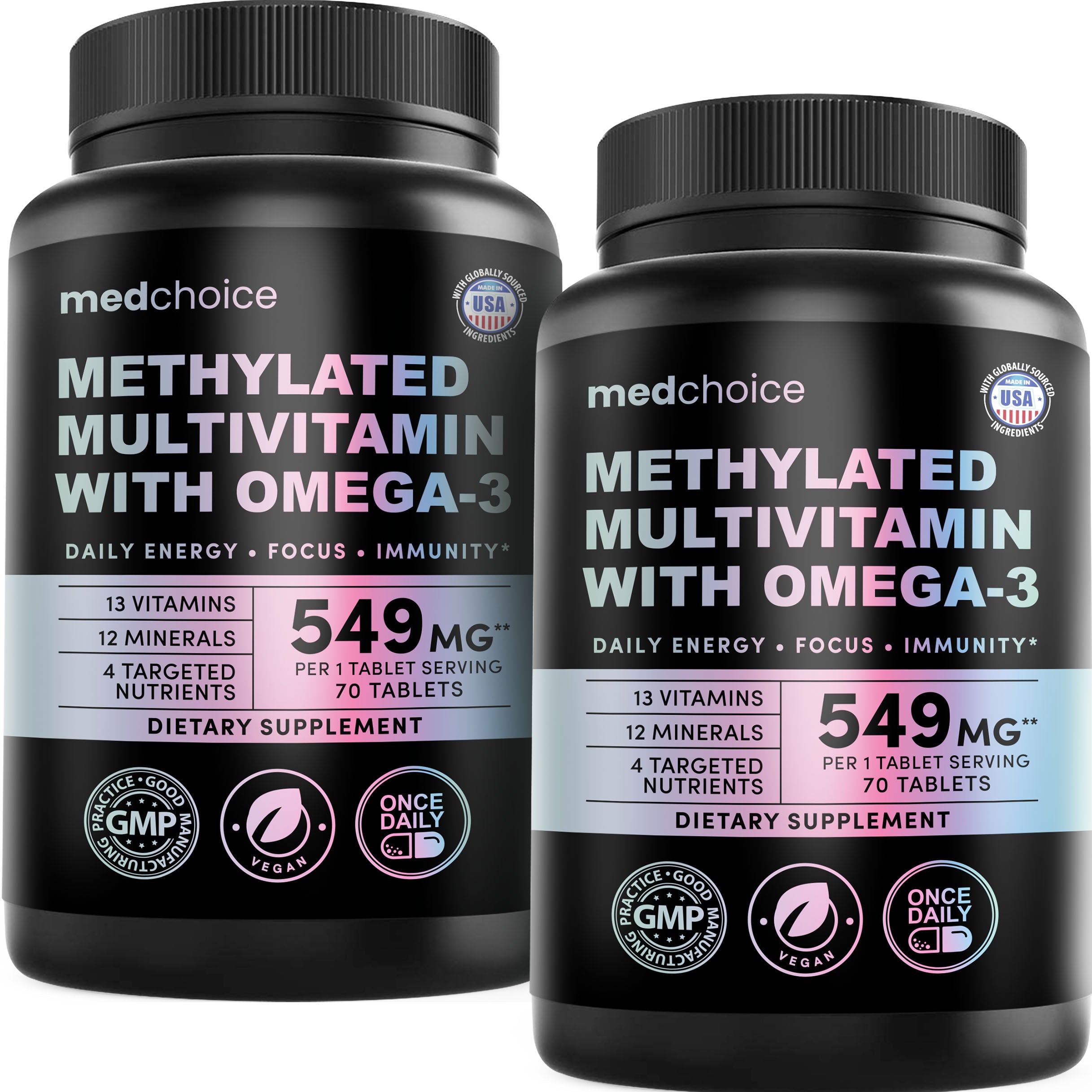 29-in-1 Methylated Multivitamin for Men & Women with Omega-3, Once Daily, 13 Vitamins, 12 Minerals, 4 Targeted Nutrients, Active B12, 5-MTHF Folate, P5P B6, Vegan, 70 Servings