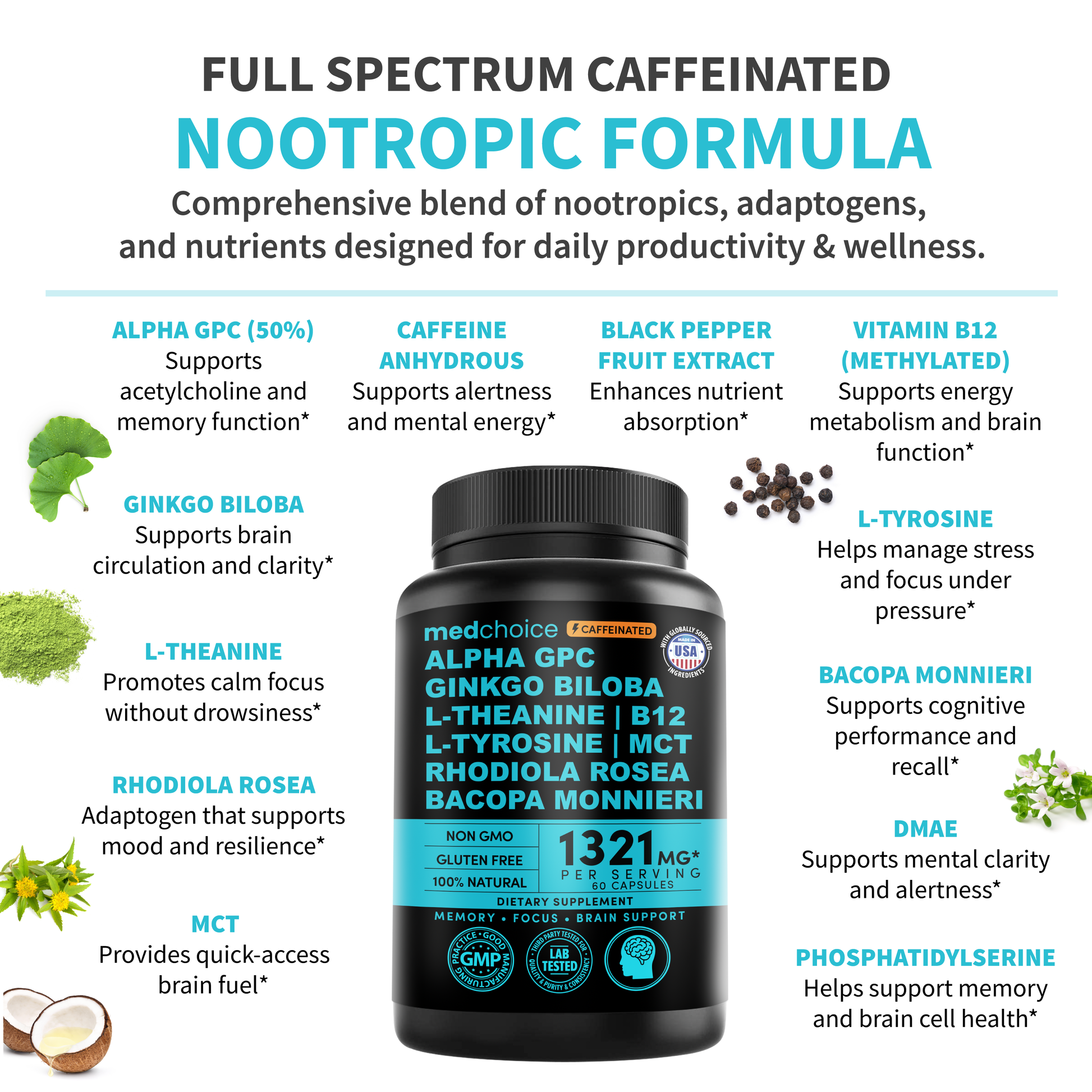 12-in-1 Nootropic Brain Supplement with Caffeine Anhydrous: Ginkgo Biloba for Brain Support, Memory and Focus - B12, Alpha GPC, L Theanine and Choline Supplements with Bioperine with 1321mg - MedChoice
