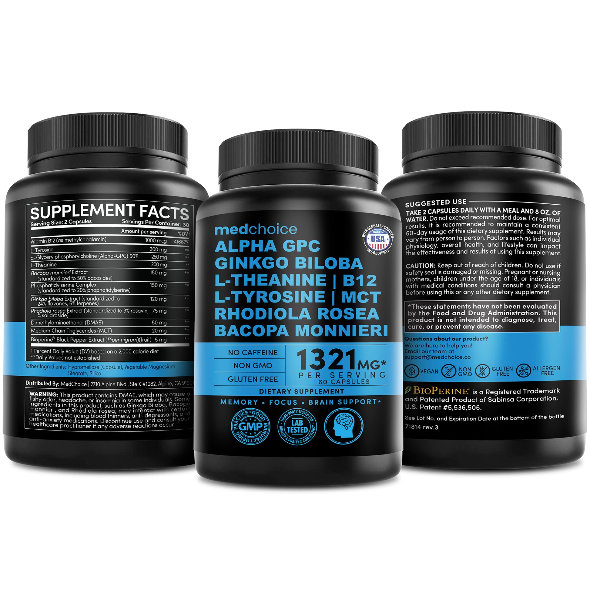 12-in-1 Nootropic Brain Supplement Anhydrous: Ginkgo Biloba for Brain Support, Memory and Focus - B12, Alpha GPC, L Theanine and Choline Supplements with Bioperine Non Caffeinated 1321mg - MedChoice