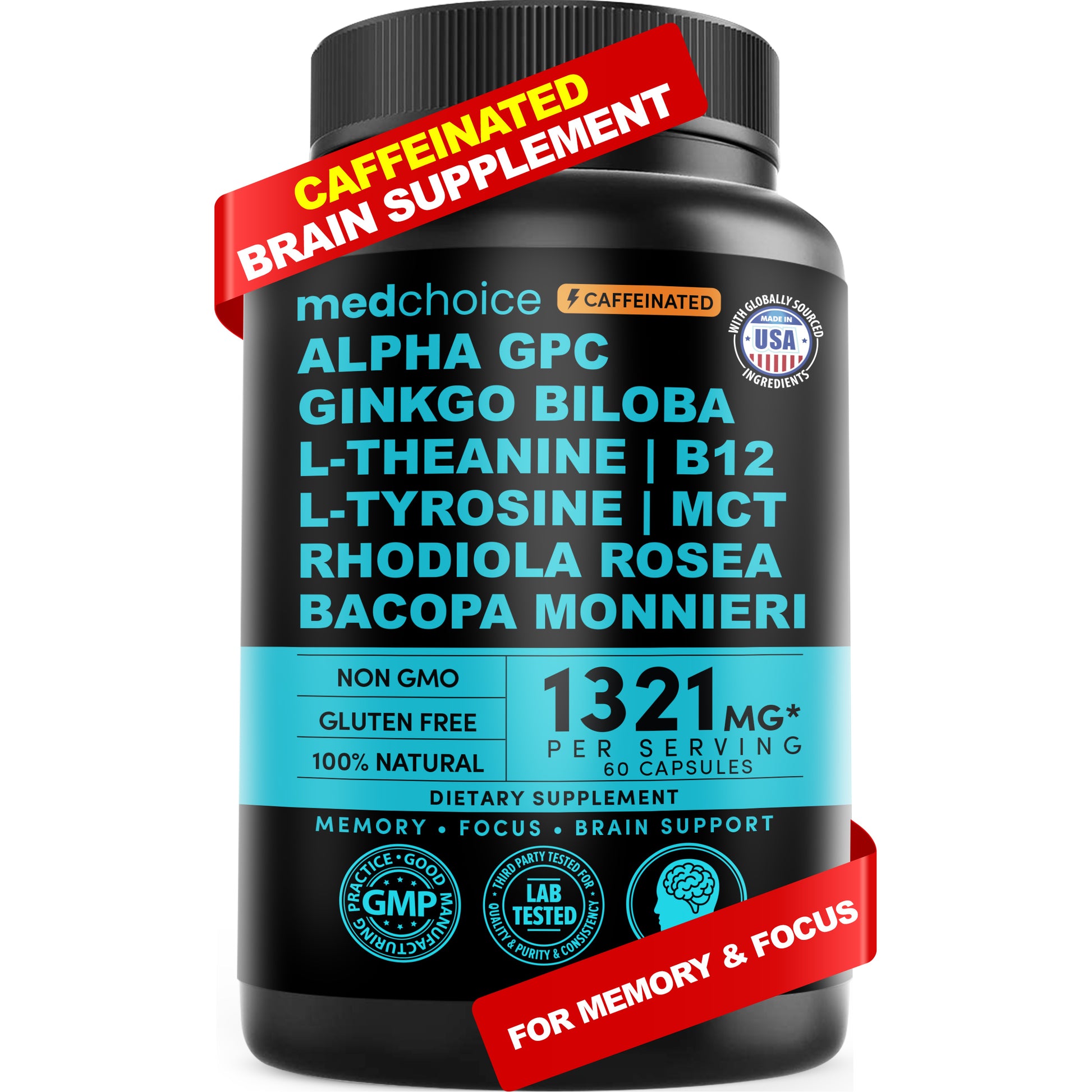 12-in-1 Nootropic Brain Supplement with Caffeine Anhydrous: Ginkgo Biloba for Brain Support, Memory and Focus - B12, Alpha GPC, L Theanine and Choline Supplements with Bioperine with 1321mg - MedChoice